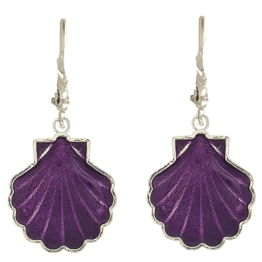 925 Sterling Silver Mini Scallop Shell Dangle Earrings with Purple Enamel - Elegant Leverback Design for Women | Perfect for Beach Vacations, Summer Parties & Boho Fashion