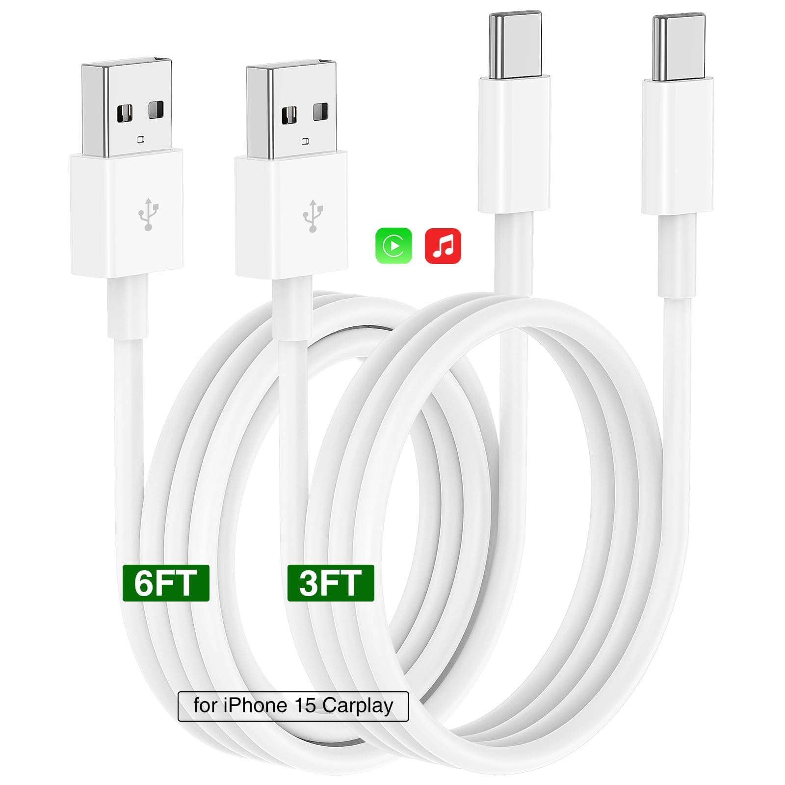 Fast Charging USB A to USB C CarPlay Cable for iPhone 16/15 Pro/Pro Max/Plus - 3FT/6FT Durable Car Charger Adapter Cord Compatible with Apple iPhone 16/15 & Google Pixel 9 - Perfect for Road Trips & In-Car Entertainment