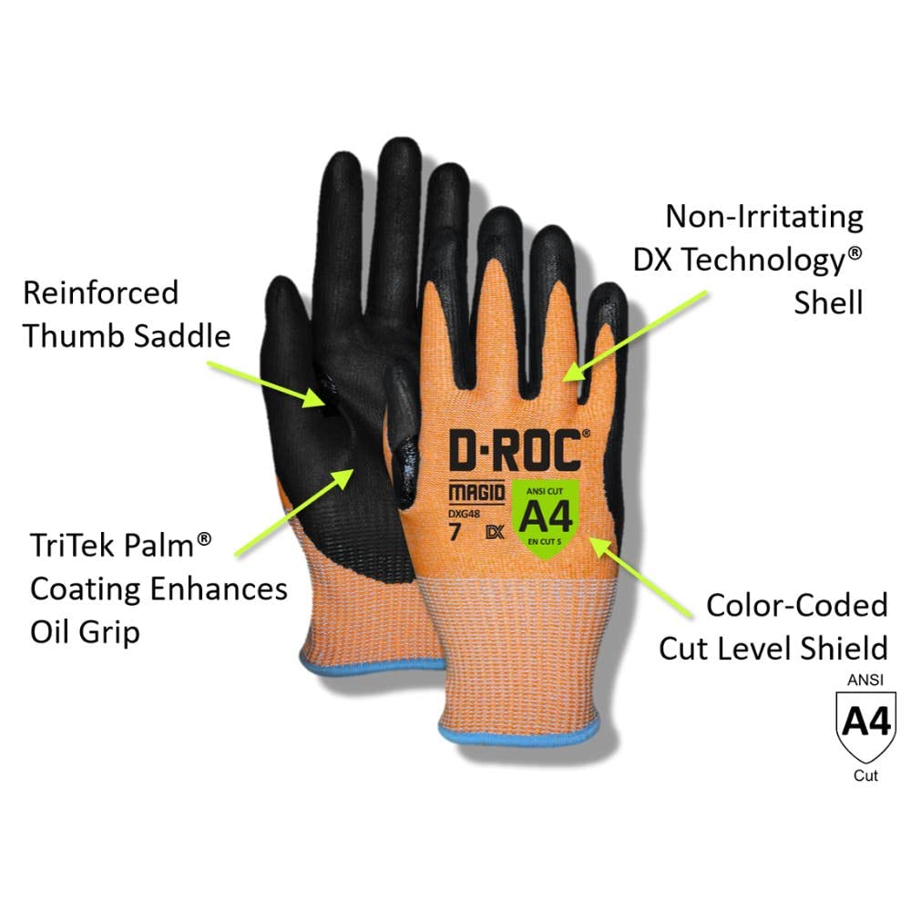 **ANSI A4 Certified MAGID D-ROC TriTek Oil & Liquid Absorbing Work Gloves - 12 Pairs, Size 11/2XL (DXG48) - Ideal for Automotive, Industrial & Maintenance Tasks**