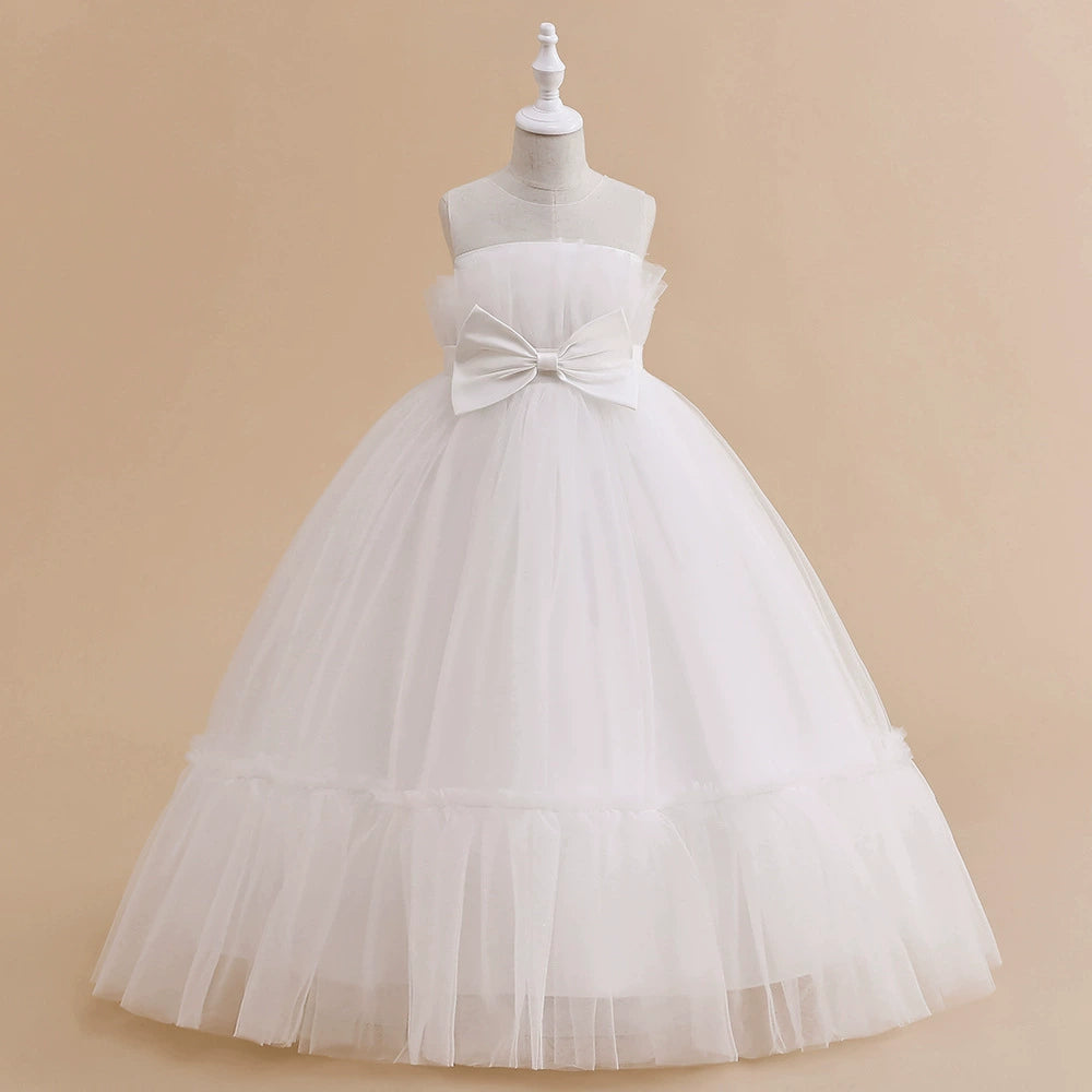 Elegant White Princess Round Floor Length Tulle Flower Girl Dress for Weddings, Baptisms & Special Occasions