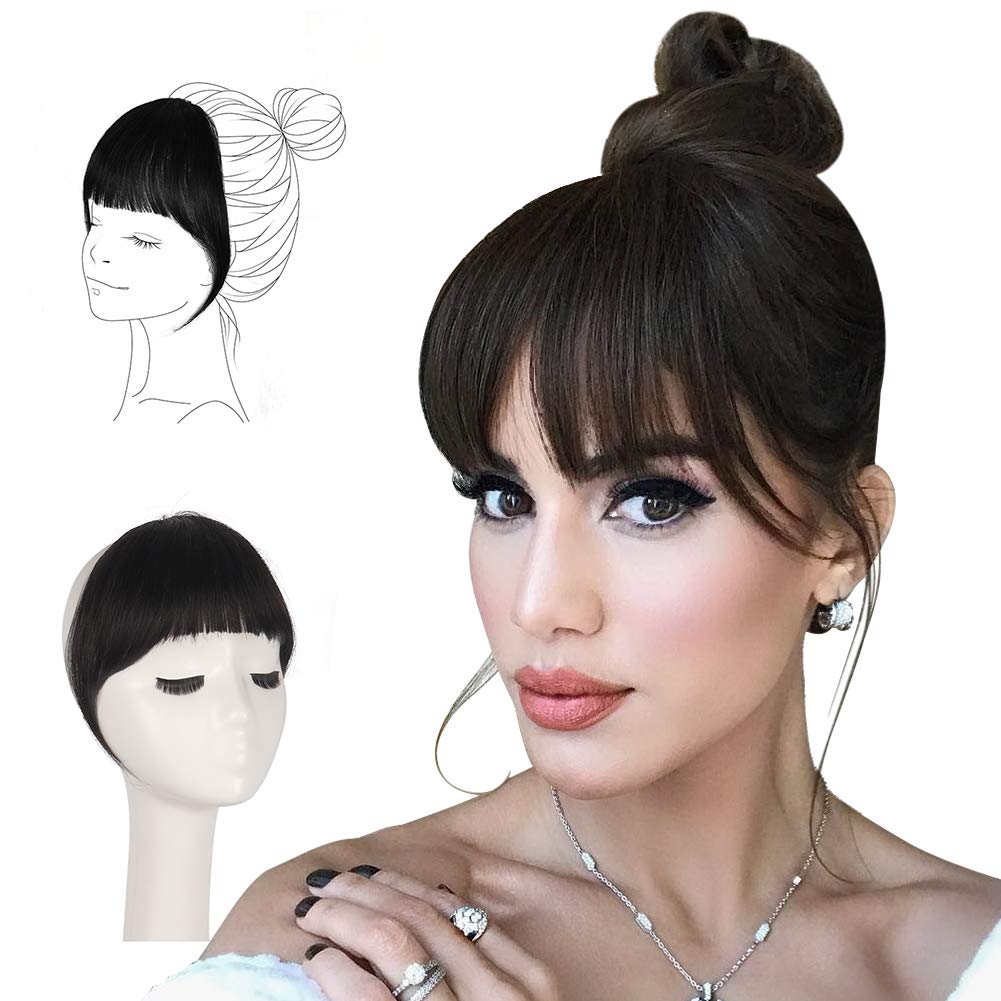 FESHFEN Clip-in Bangs 100% Human Hair Extension - Natural Black Curved French Fringe Hairpiece for Women & Girls | Easy Clip-on Flat Bangs with Temples | Perfect for Daily Wear, Cosplay & Hairstyle Transformations