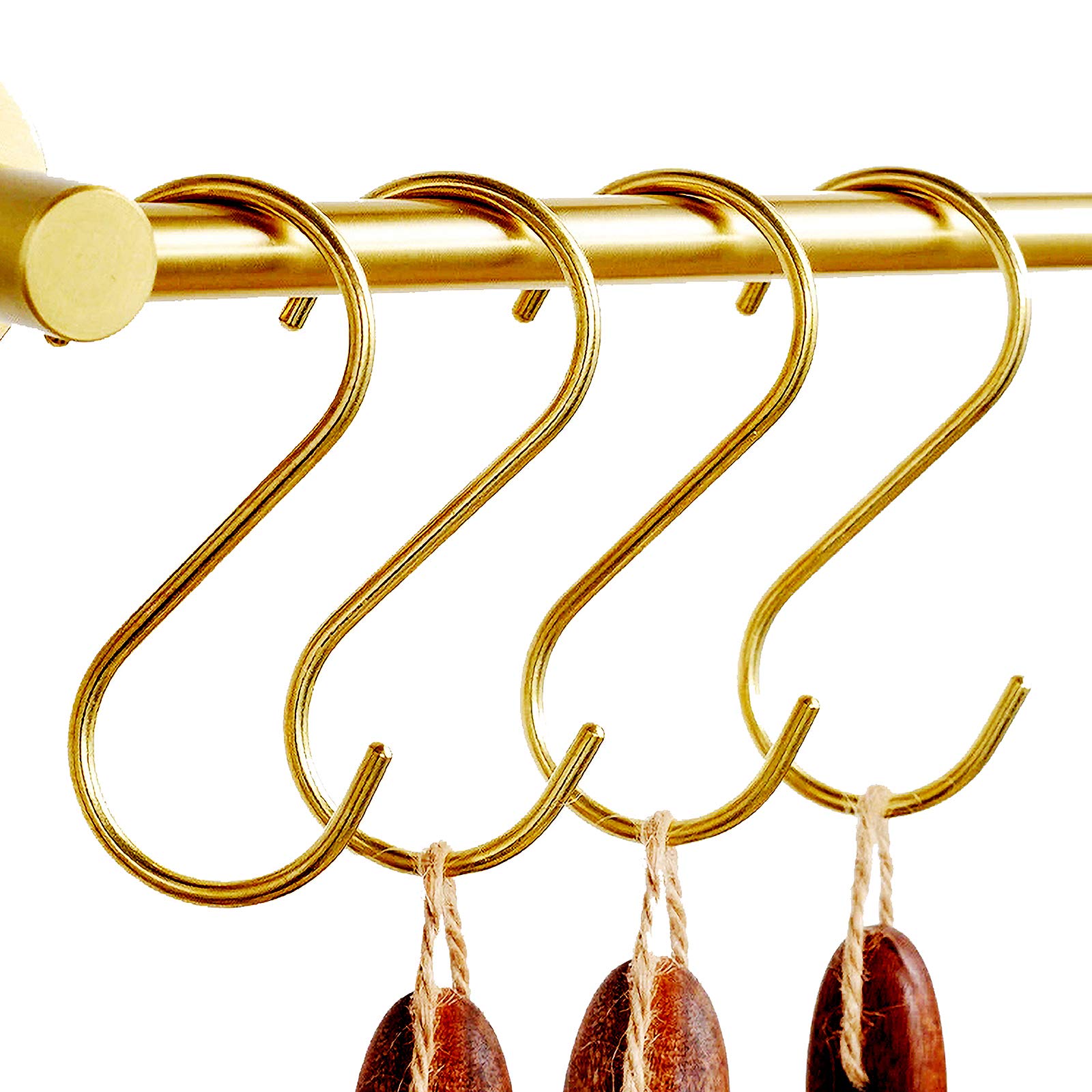 BAEYAR 4-Pack Brass S Hooks, Gold S-Shaped Hooks for Bathroom, Closet, Kitchen, Flower Basket & Outdoor Use - Heavy Duty Decorative Hanging Hooks for Towels, Plants, Keys & Home Organization