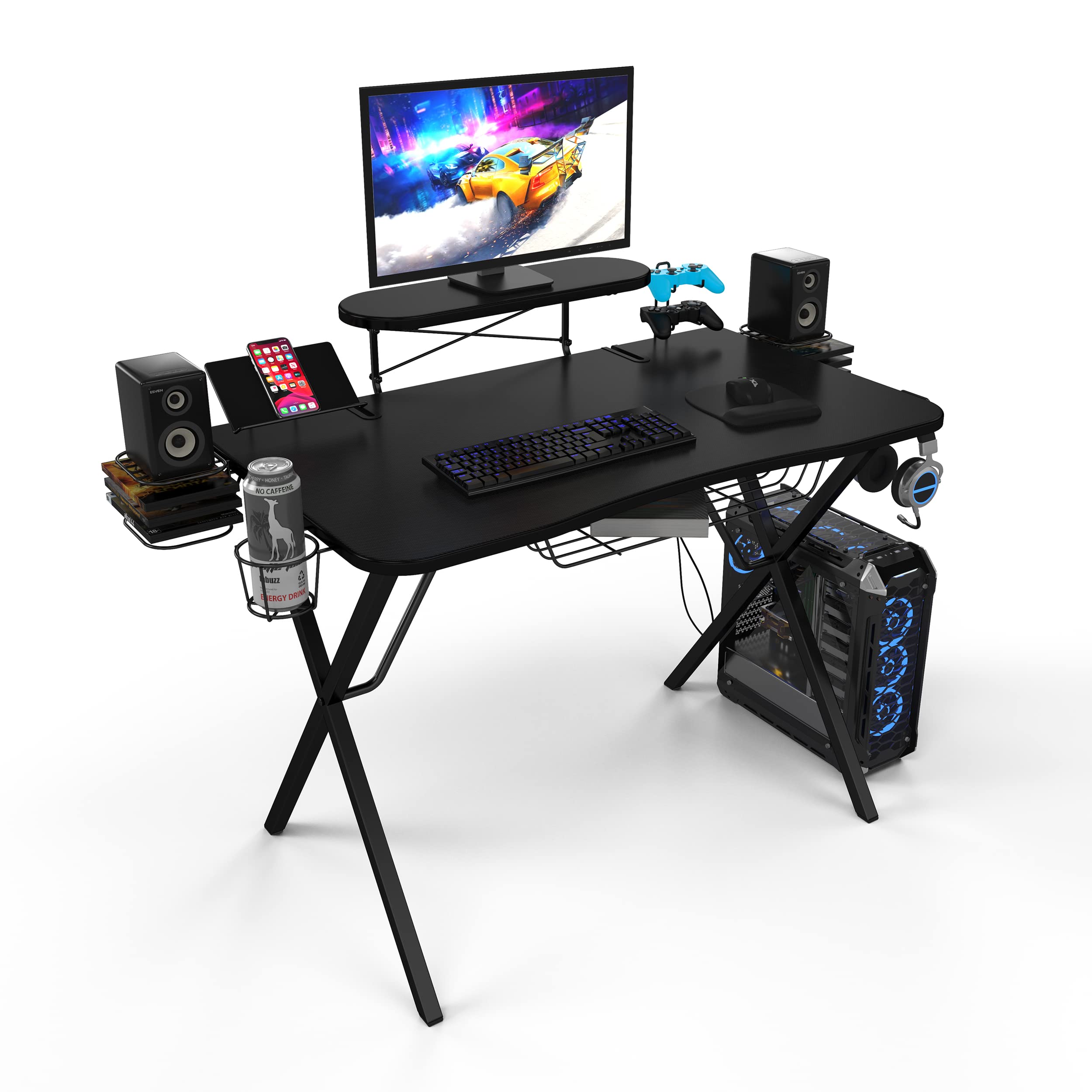 Atlantic Gaming Desk with Carbon-Fiber Desktop, X-Legs & Monitor Stand - Ergonomic Computer Desk for PC Gamers with Phone Holder & Speaker Stands (Black) - Perfect for Streaming, Esports & Home Office Setup