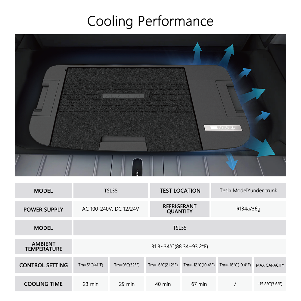 Alpicool TSL35 Portable Car Refrigerator for Tesla Model Y - 12V/24V DC & 110V AC, 35L Compact Freezer for Road Trips, Camping, and Outdoor Adventures