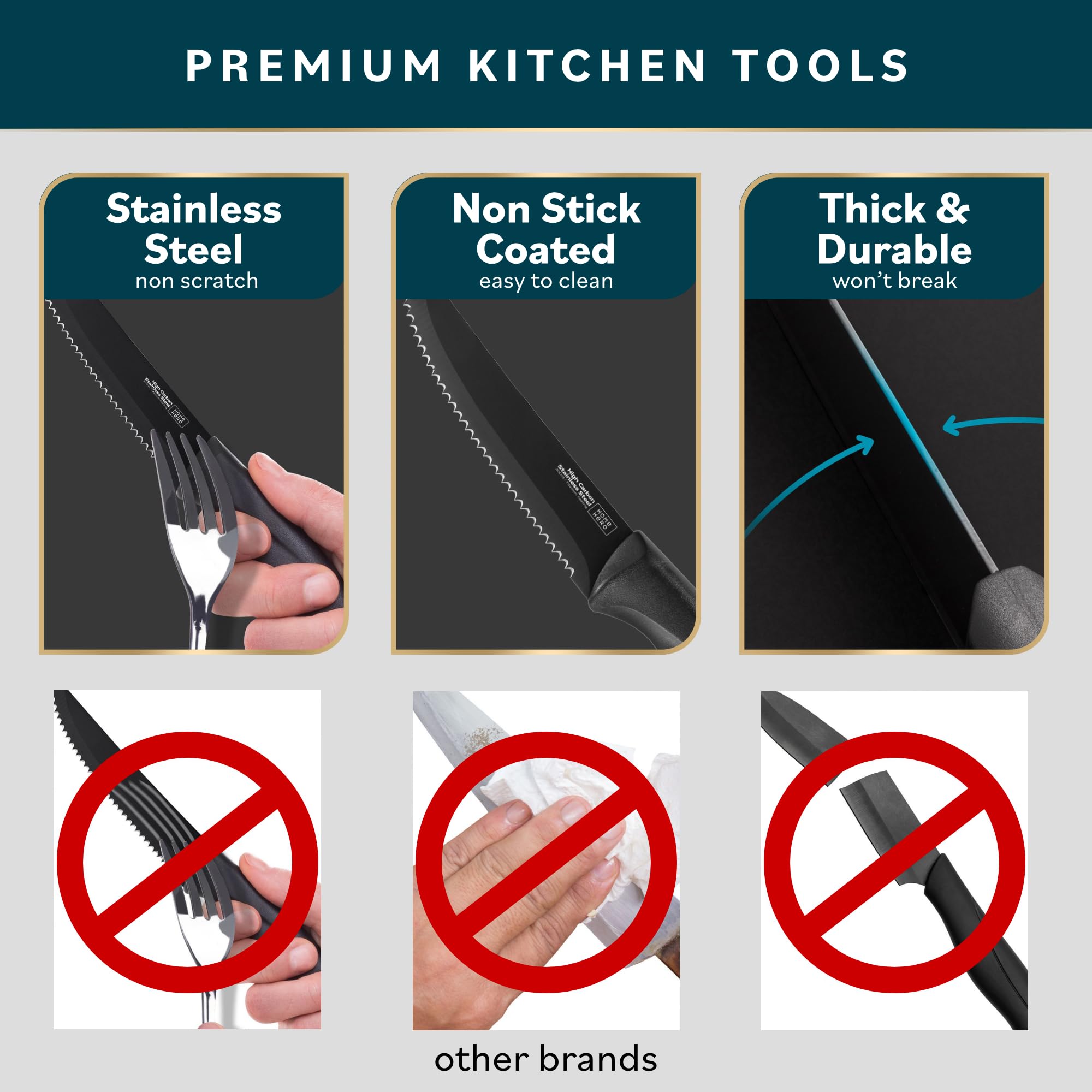 Premium Steak Knives Set - 6-Piece High-Carbon Stainless Steel Serrated Knives with Ergonomic Handles (Black) - Perfect for Steak Dinners, BBQs, and Fine Dining at Home