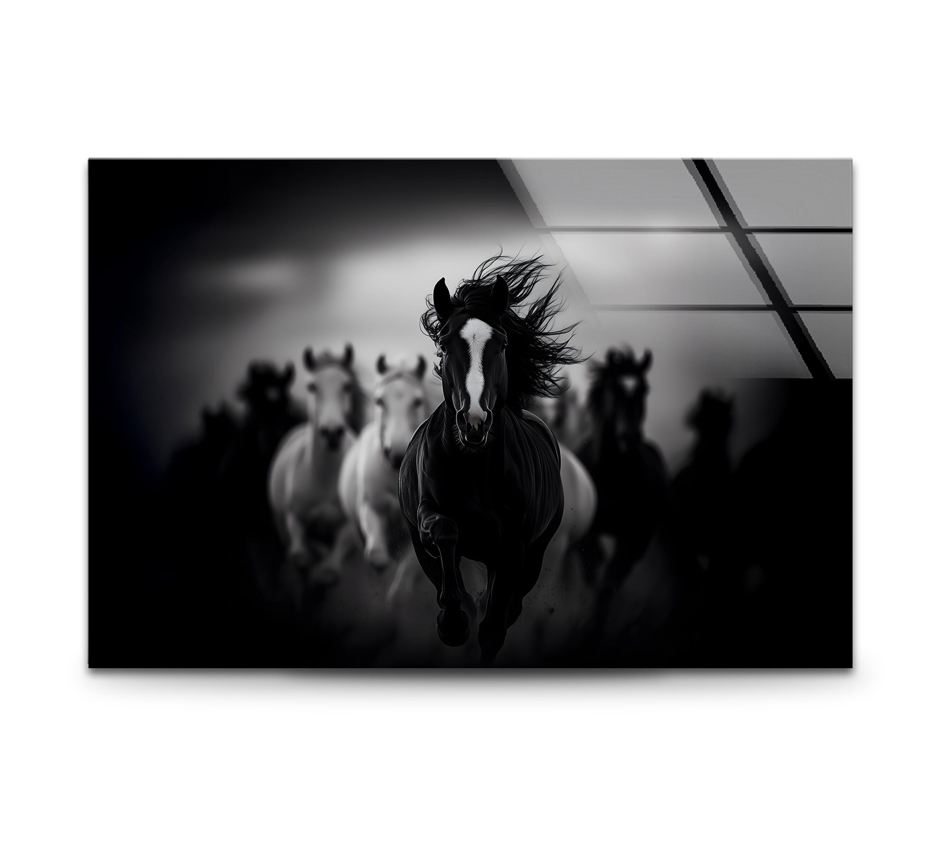 Elegant Black and White Running Horses Glass Wall Art - Modern Home Decor for Living Room, Bedroom, or Office - Perfect Gift for Equestrian Lovers