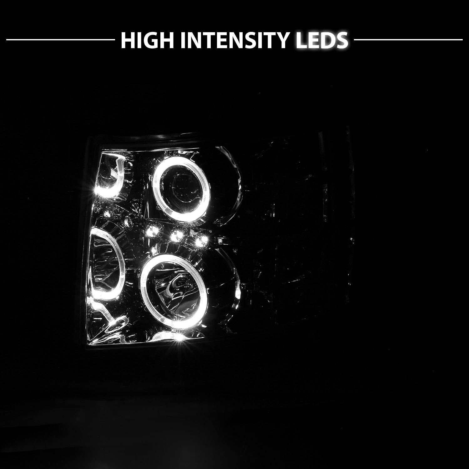 AmeriLite Chrome LED Halo Projector Headlights for Chevy Silverado 1500 2500 3500 - Pair (Driver & Passenger Side) - Upgrade Your Truck's Style & Night Visibility for Off-Roading & Daily Driving