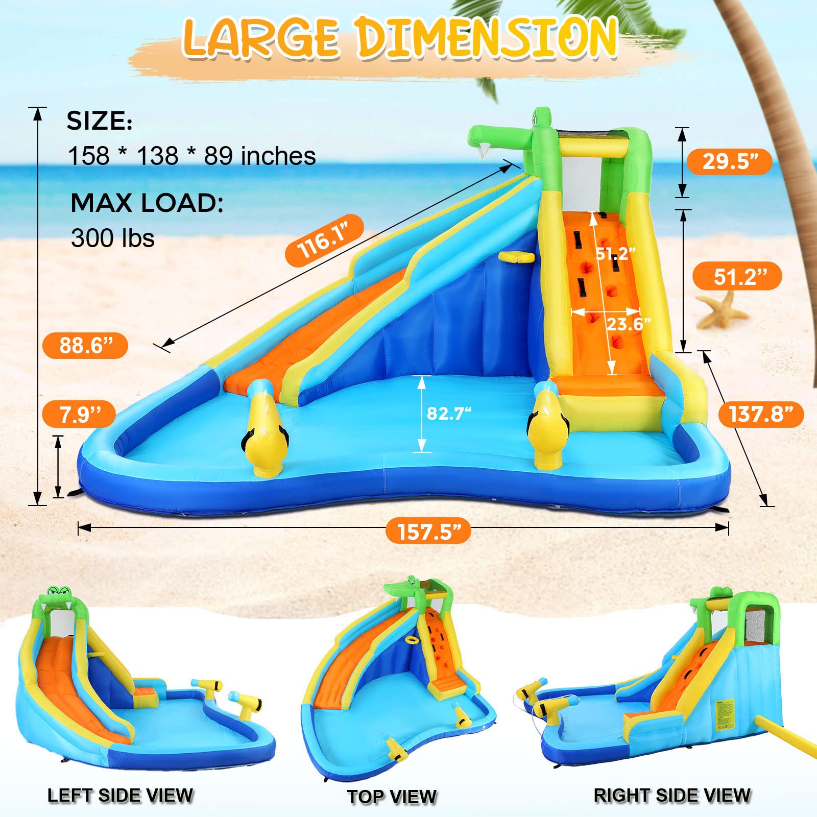 Inflatable Water Slide for Kids with 450W Blower - 13.1 x 11.5 x 7.4FT Crocodile Water Park with Climbing Wall, Splash Pool, 2 Water Cannons & Basketball Hoop - Outdoor Backyard Summer Fun for Parties, Birthdays & Family Gatherings