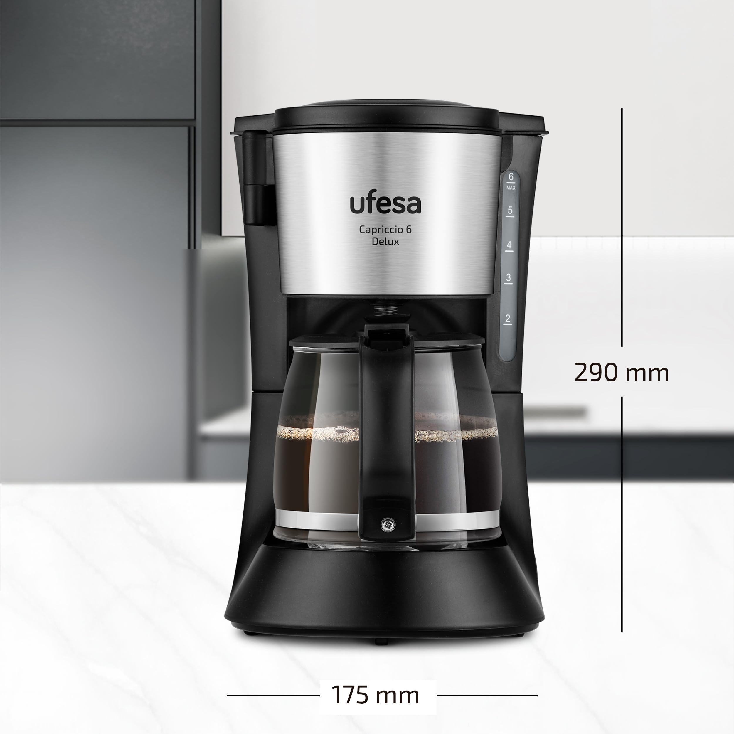 Ufesa Capriccio Deluxe Drip Coffee Maker, 6 Cups (0.6L), 600W, Permanent Filter, Non-Stick Warming Plate, Anti-Drip System, Auto Shut-Off - Perfect for Home, Office, or Small Gatherings