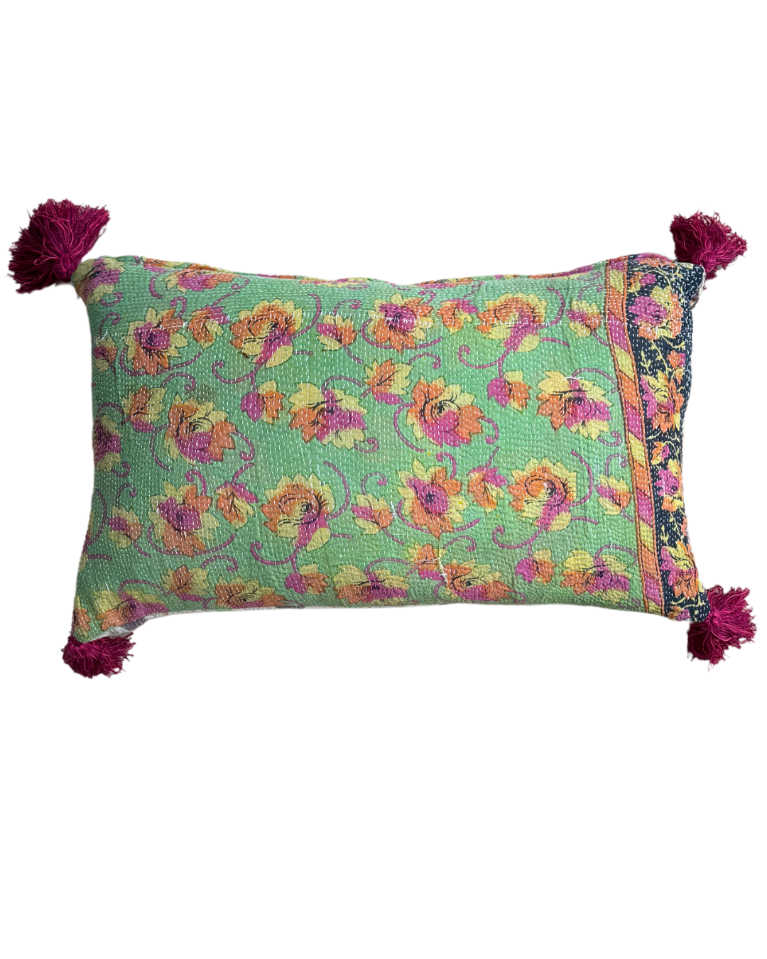 Handmade Purple & Green Kantha Throw Pillow Cover with Pink Tassels - Boho Home Decor for Living Room, Bedroom, or Nursery