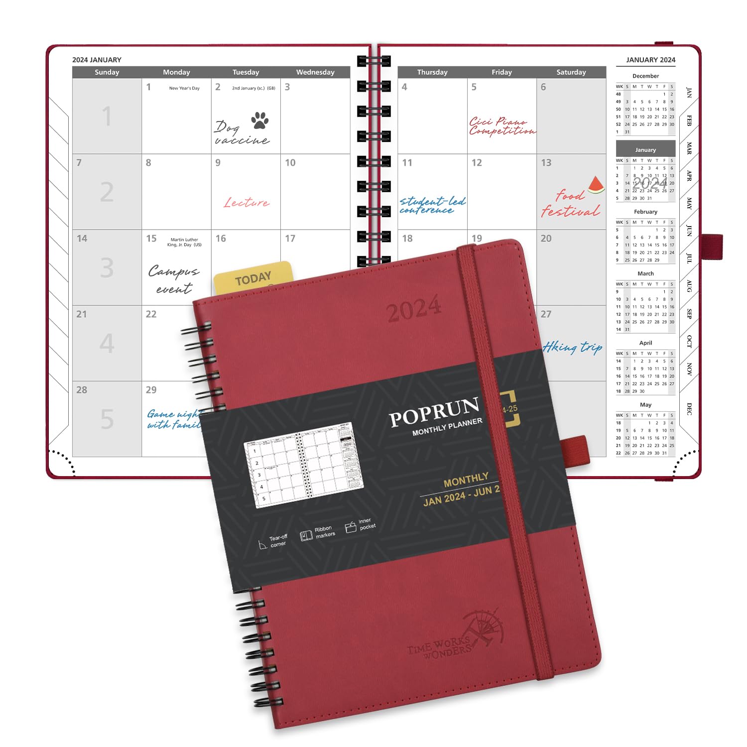 POPRUN 2024-2025 Monthly Planner - 18 Month Spiral Bound Calendar (Jan 2024-Jun 2025) with Expense Tracker & Notes, 6.5