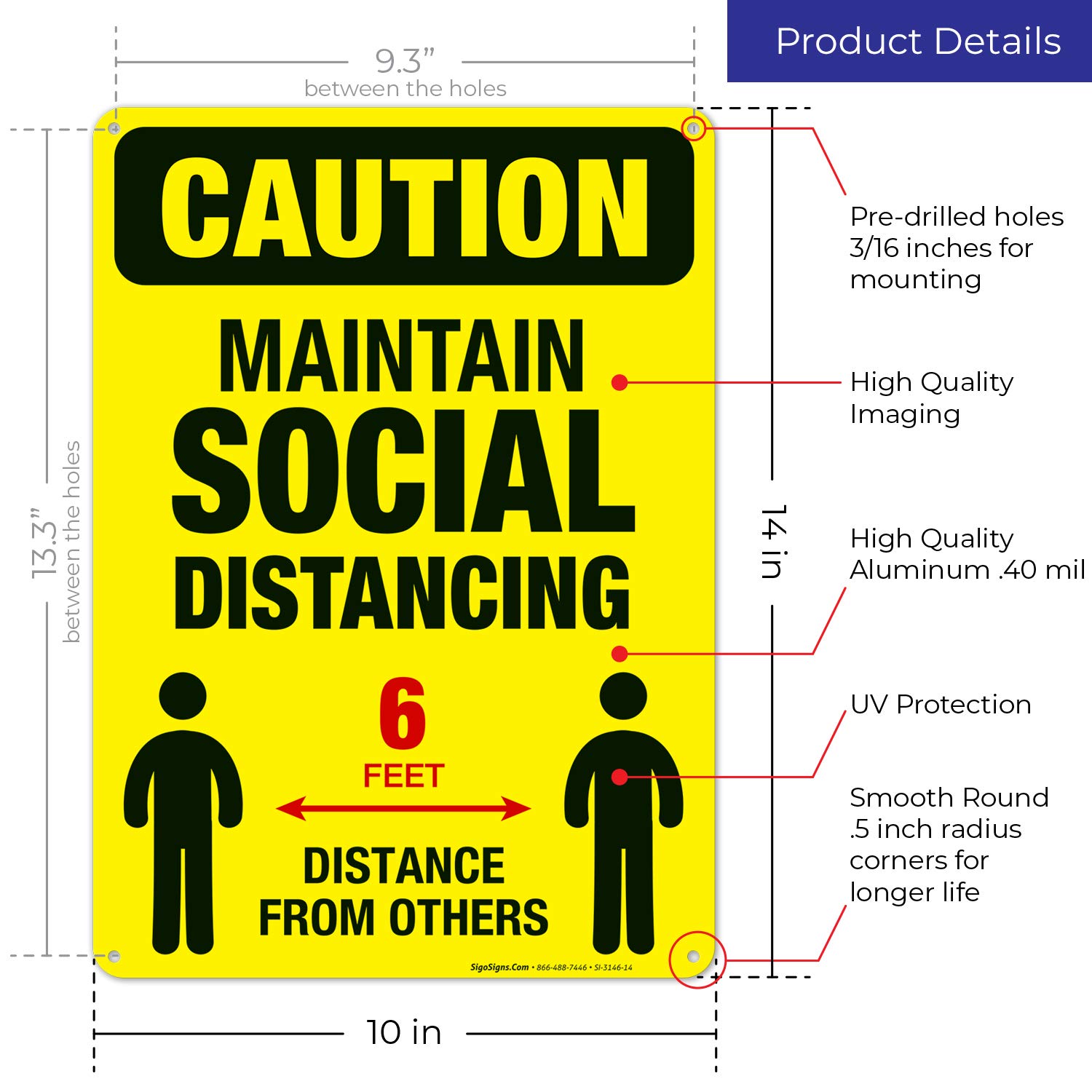 Social Distancing Floor Sign - 10x14 Inch Aluminum Safety Sign for 6 Feet Apart, Rustproof & Weatherproof for Indoor/Outdoor Use - Easy Mounting Business Signage for Retail Stores, Offices & Public Spaces - Made in USA