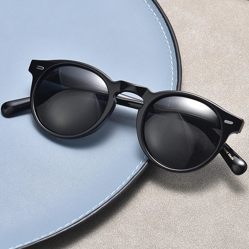 Unisex Black Acetate Round Full Rim Polarized Sunglasses - Stylish UV Protection for Outdoor Activities, Driving, and Beach Vacations