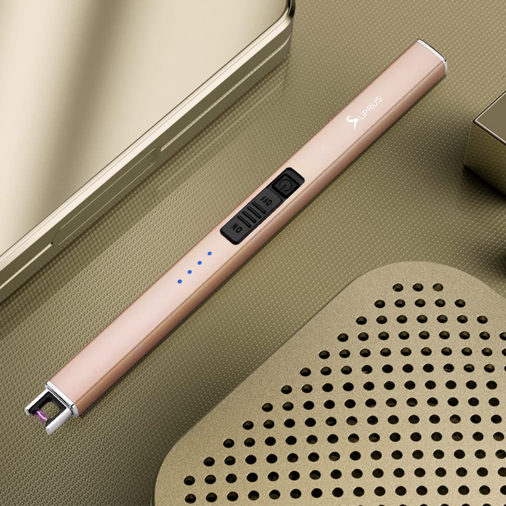 SUPRUS USB Rechargeable Electric Lighter - Windproof Flameless for Candles BBQ Camping (Champagne Gold)