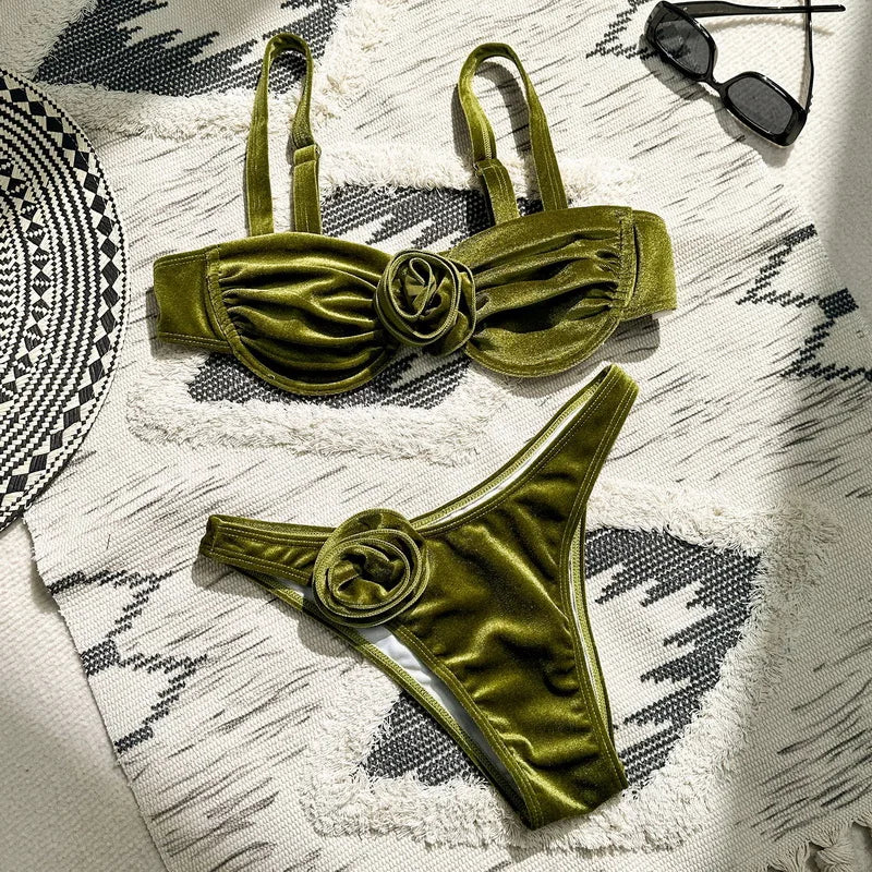 2024 Sexy 3D Floral Bandeau Bikini Set - Brazilian Thong Swimwear for Women (S-XL) | Perfect for Beach Vacations, Pool Parties & Summer Getaways
