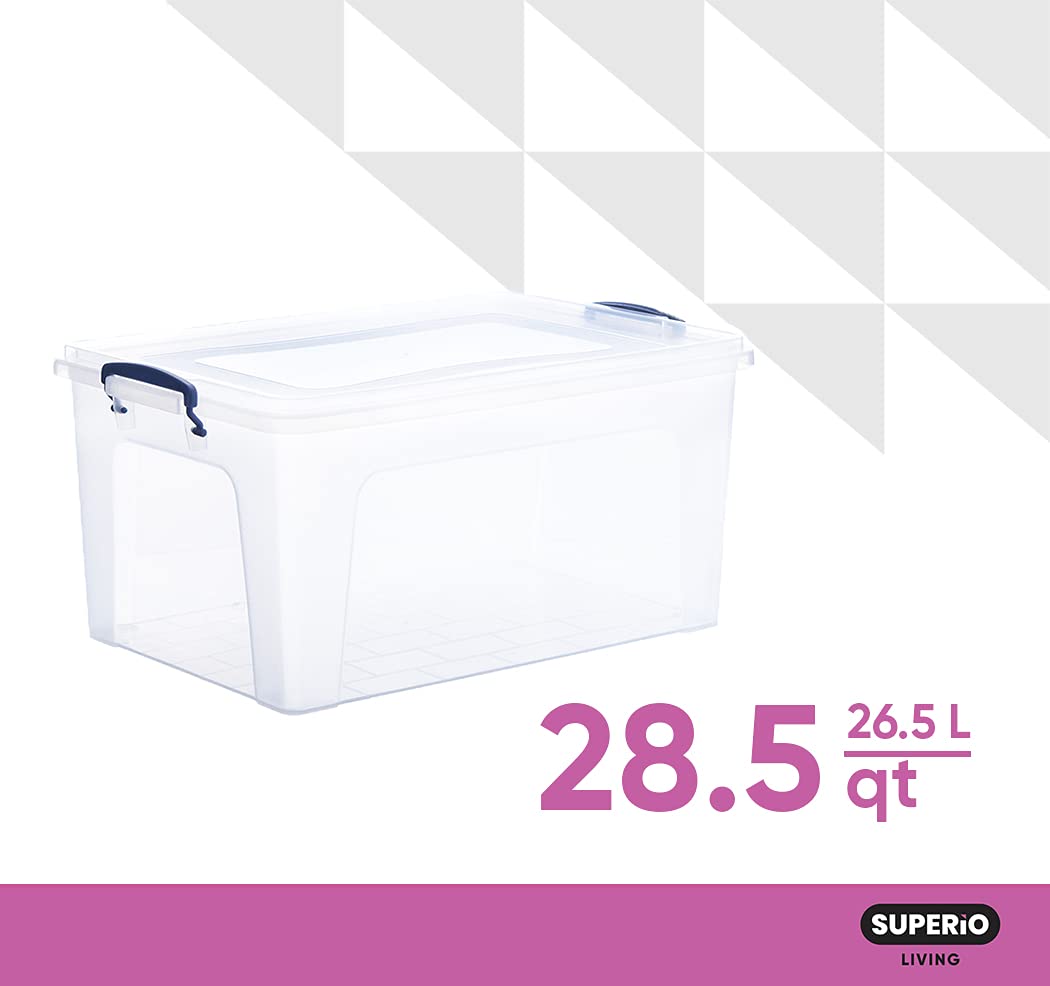 Superio Clear Plastic Storage Bins with Lids - 6 Pack 28.5 Qt BPA Free Stackable Organizing Containers for Home, Office, Dorm - Perfect for Closet, Pantry & Toy Organization