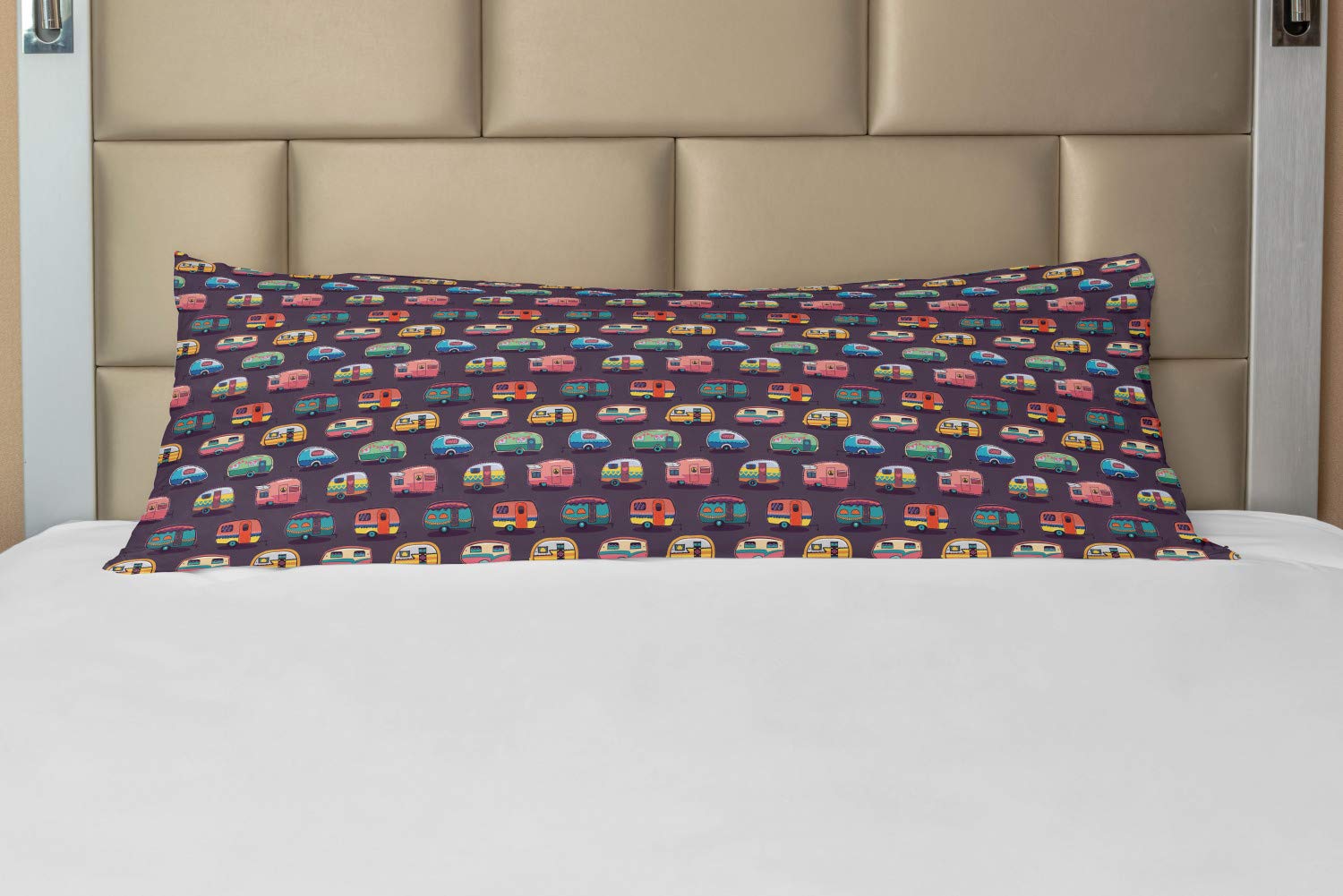 Ambesonne Happy Camper Body Pillow Case Cover with Zipper - Retro Travel Themed Continuous Pattern, Colorful Vans Graphic Decorative Accent Long Pillowcase 21x54 Inches Multicolor - Perfect for Camping, Road Trips & Boho Home Decor
