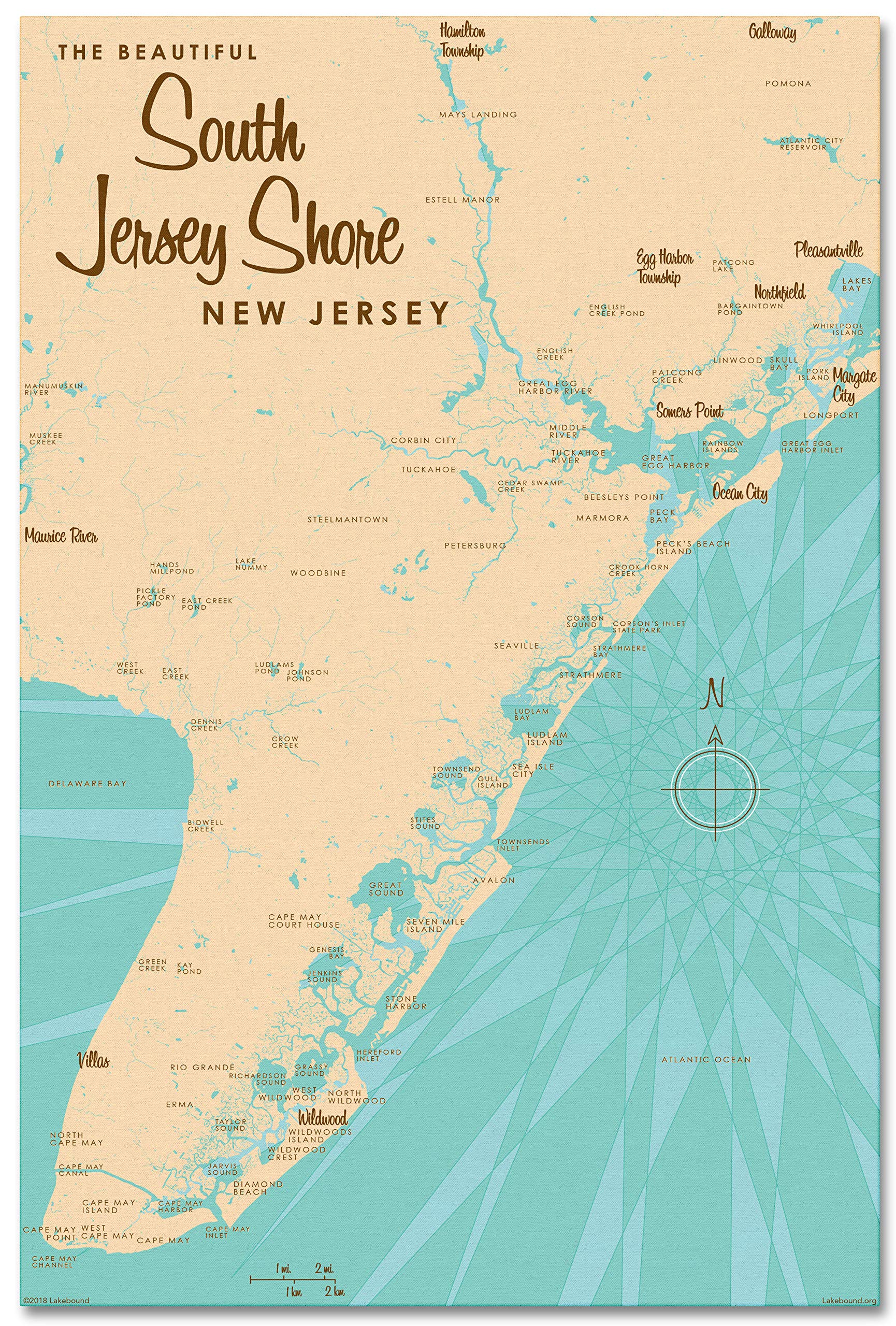 Vintage-Style South Jersey Shore Map - Giclee Archival Canvas Print Wall Art (24