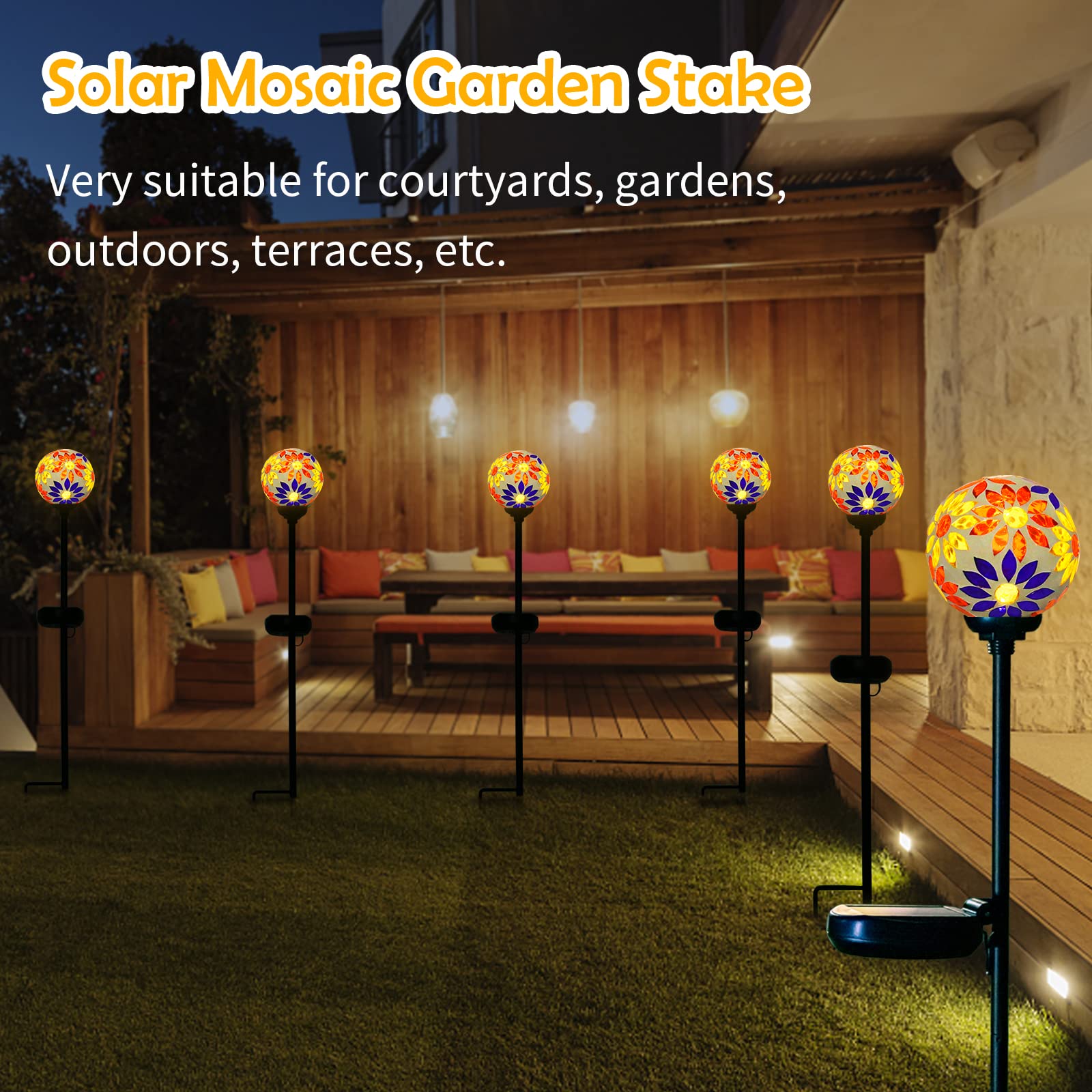 Solar Gazing Ball Mosaic Garden Stakes - Outdoor Solar Lights for Pathway, Yard & Lawn Decoration - Waterproof Flower Decorative Lights (Orange) - Perfect for Garden, Patio & Landscape Lighting