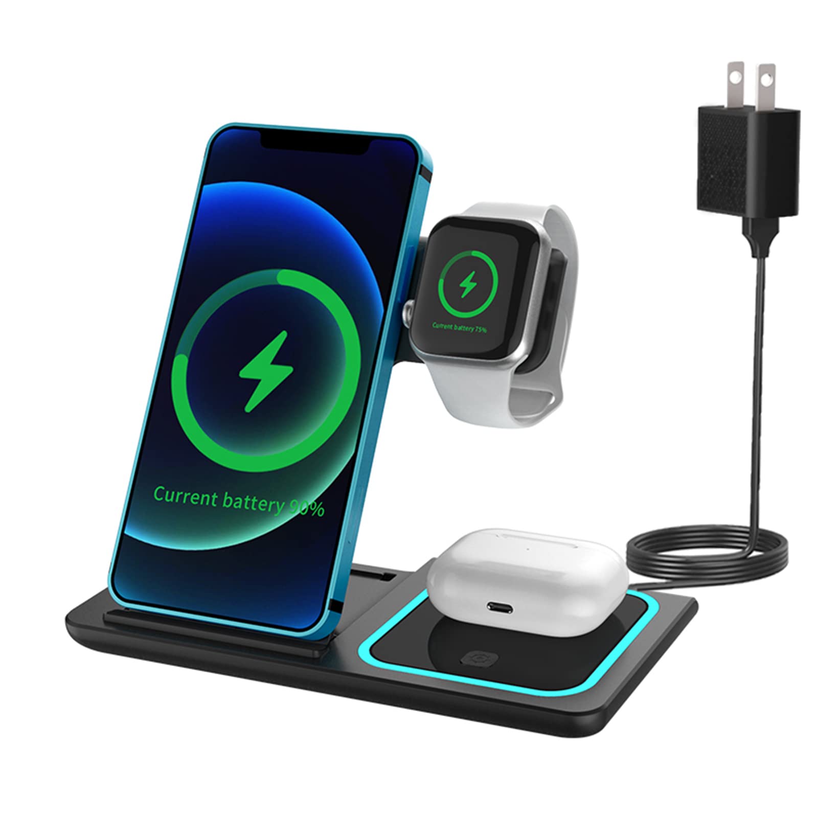 VANDESAIL 3-in-1 Wireless Charging Station - 18W Fast Foldable Qi-Certified Charger for iPhone, Apple Watch & AirPods - Perfect for Home, Office & Travel