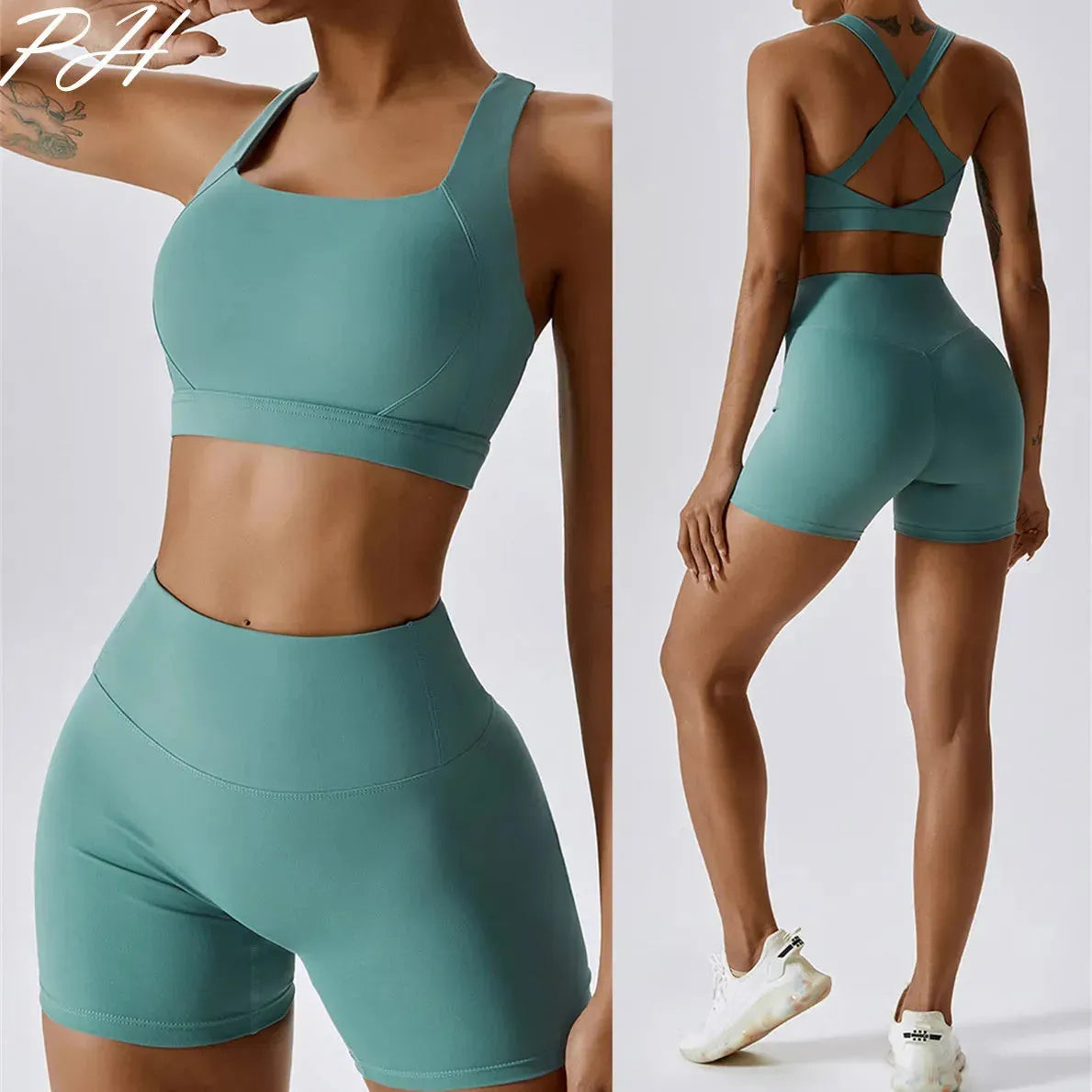 Nude Feeling Yoga Sport Sets for Women - Summer Fitness Workout Clothes with Cross Back Sports Bra & Gym Shorts | Perfect for Yoga, Running, Gym & Outdoor Activities