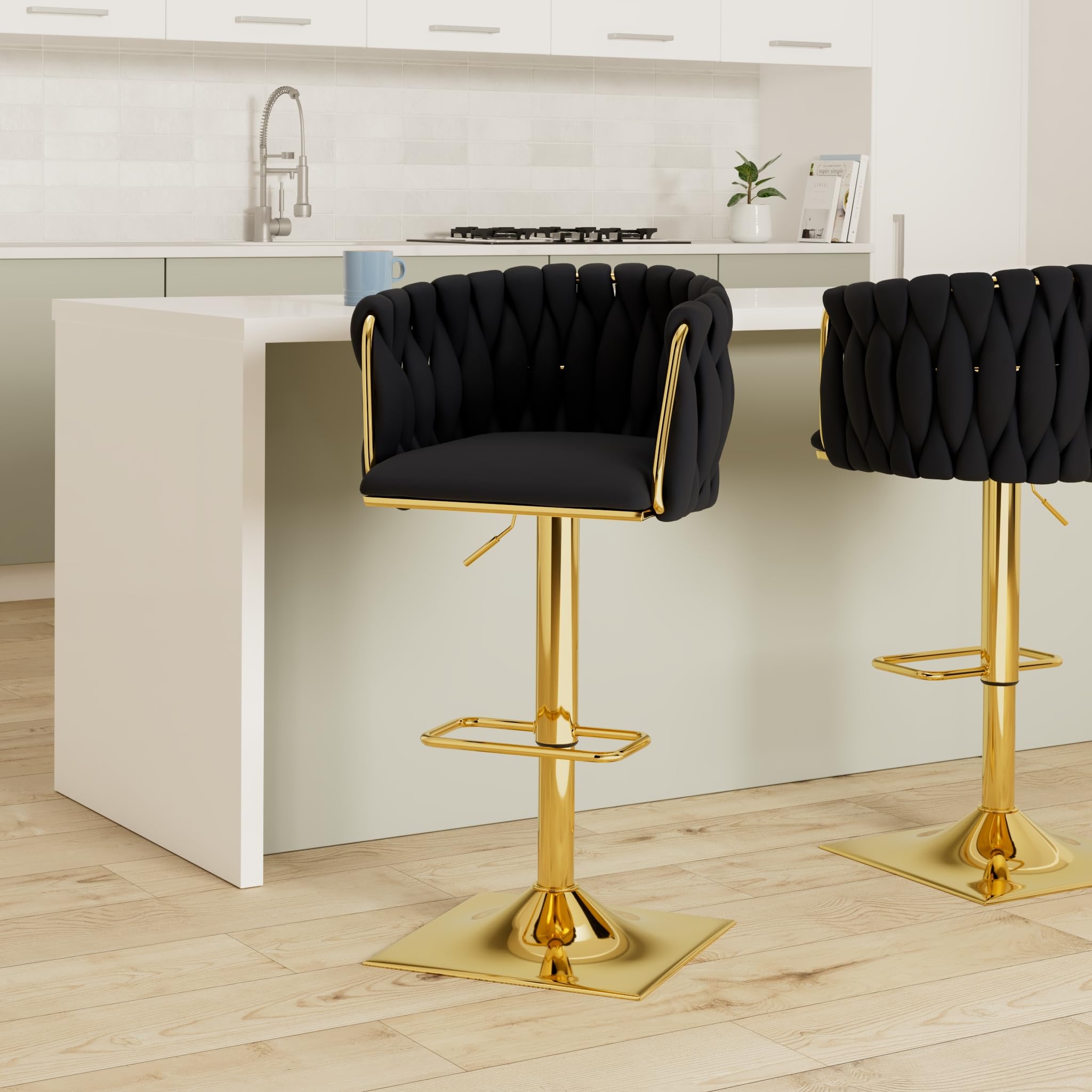 2 Pack Swivel Velvet Bar Stools - Adjustable Height Modern Counter Stools with Woven Back, Upholstered Seating for Kitchen Island, Home Bar, Cafe & Farmhouse Decor - Perfect for Entertaining & Dining (Black)