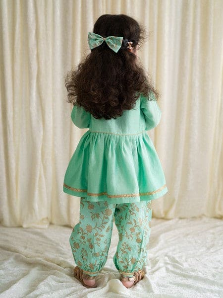 Girls Combo Angrakha Set with Bow Hairclip - Gold Print Green Ethnic Outfit for Festivals, Parties & Special Occasions