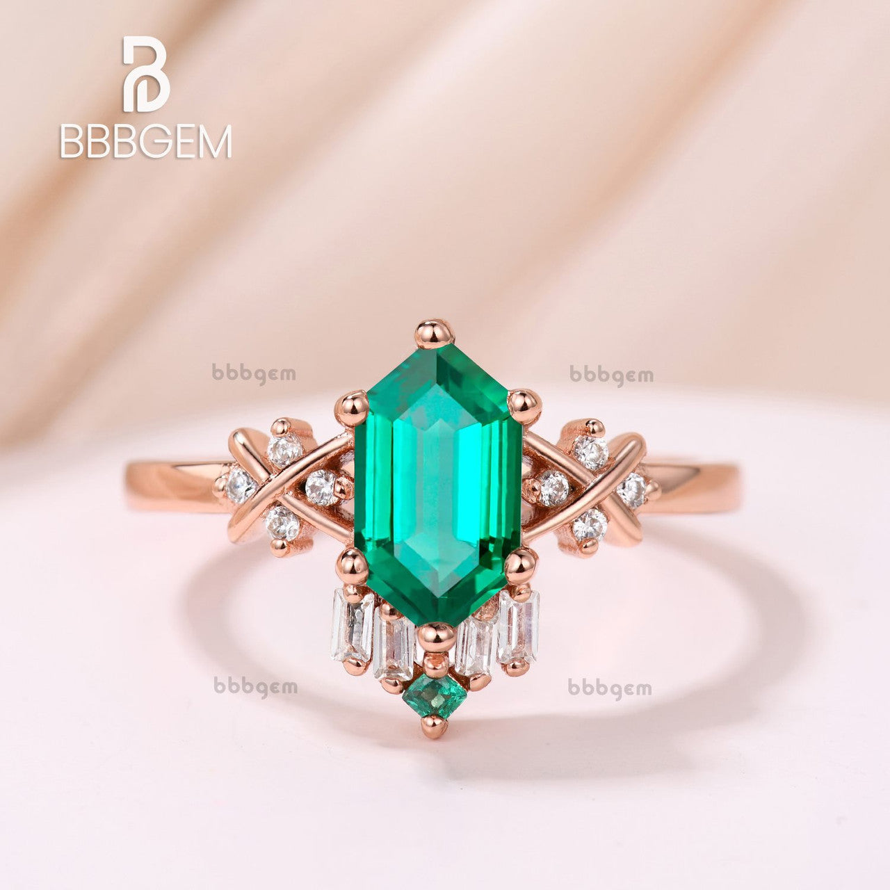 Unique Vintage Hexagon Cut Lab Emerald 14K Rose Gold Diamond Engagement Ring for Women – Perfect for Weddings, Anniversaries & Special Occasions
