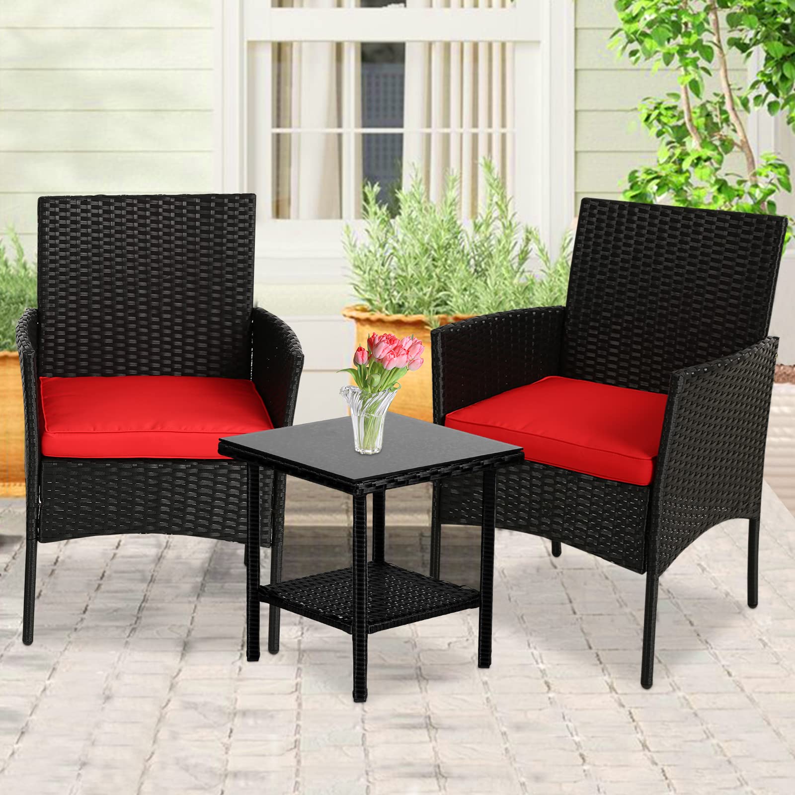 3-Piece Wicker Patio Furniture Set - PE Rattan Bistro Table & Chairs with Cushions + Glass Coffee Table - Space Saving Outdoor Conversation Set for Deck, Porch, Garden, Balcony, Backyard - Perfect for Relaxing, Entertaining & Small Gatherings