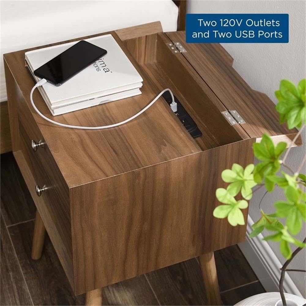 Modern Walnut Wood Nightstand with USB Ports - Stylish Bedside Table for Bedroom, Living Room & Office Storage