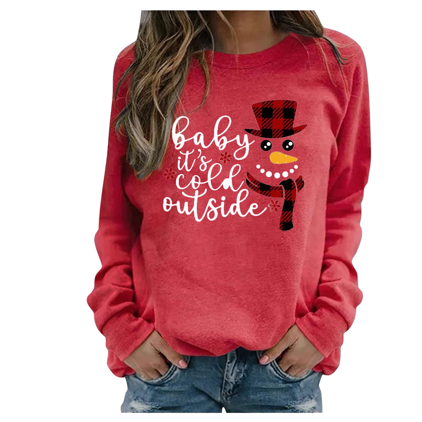 Women's Christmas Print Crewneck Long-Sleeve Sweatshirt - Casual Pullover Blouse for Holiday Parties & Winter Outfits