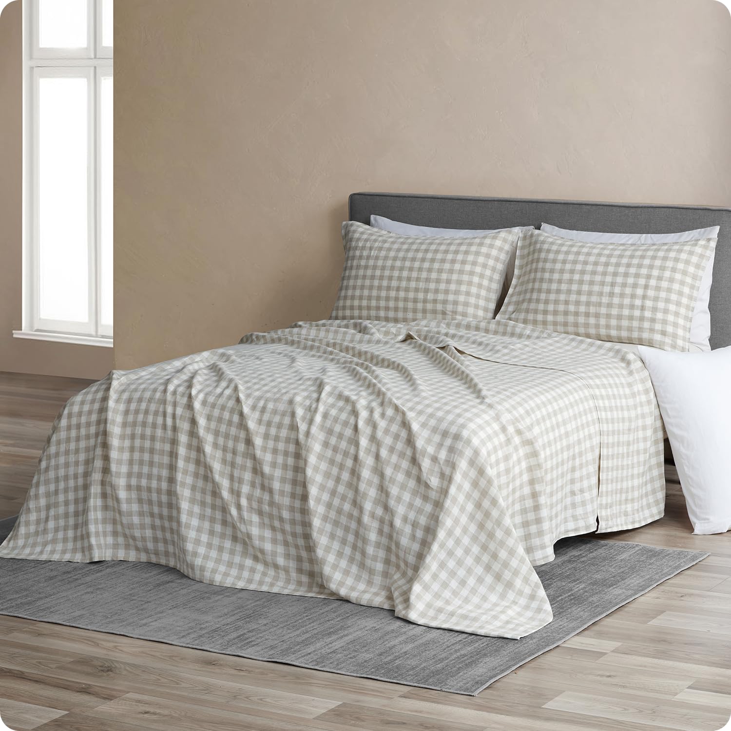DAPU 100% Washed Linen Sheet Set Full Size - 4 Piece Hypoallergenic Soft Bedding with Envelope Closure, Gingham Check Plaid Geometric Pattern in Beige & White | Breathable & Comfortable for All Seasons, Perfect for Master Bedroom, Guest Room & Vacation Homes