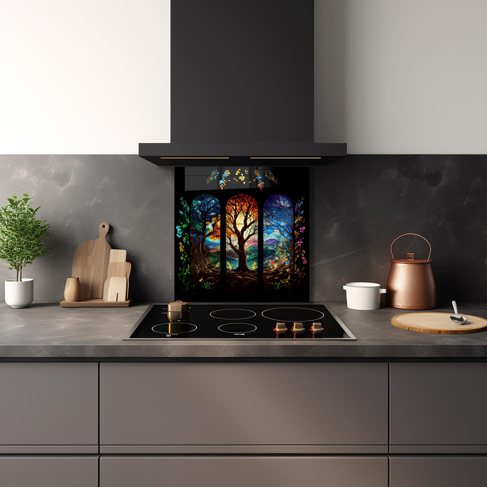 Seasons of Tree Glass Splashback - Modern Kitchen Backsplash Panel - Heat & Stain Resistant Tempered Glass - Perfect for Home Renovation & Kitchen Remodeling