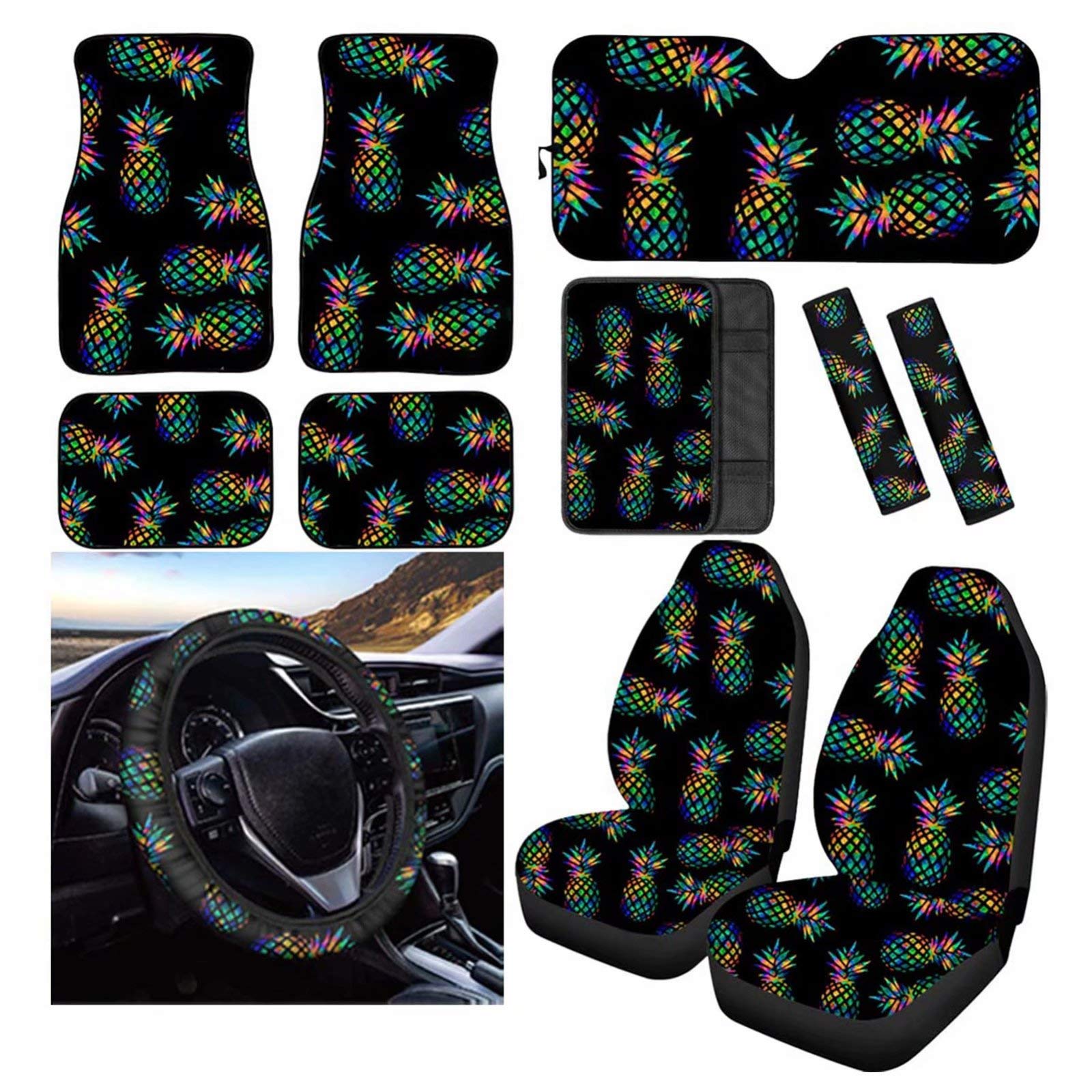 HUISEFOR Car Seat Covers Set - Pineapple Print Front Seat Covers, Steering Wheel Cover, Seat Belt Covers, Armrest Cushion & Floor Mats for Cars, SUVs, Sedans - Tropical Style Interior Decor for Summer Road Trips & Beach Vacations