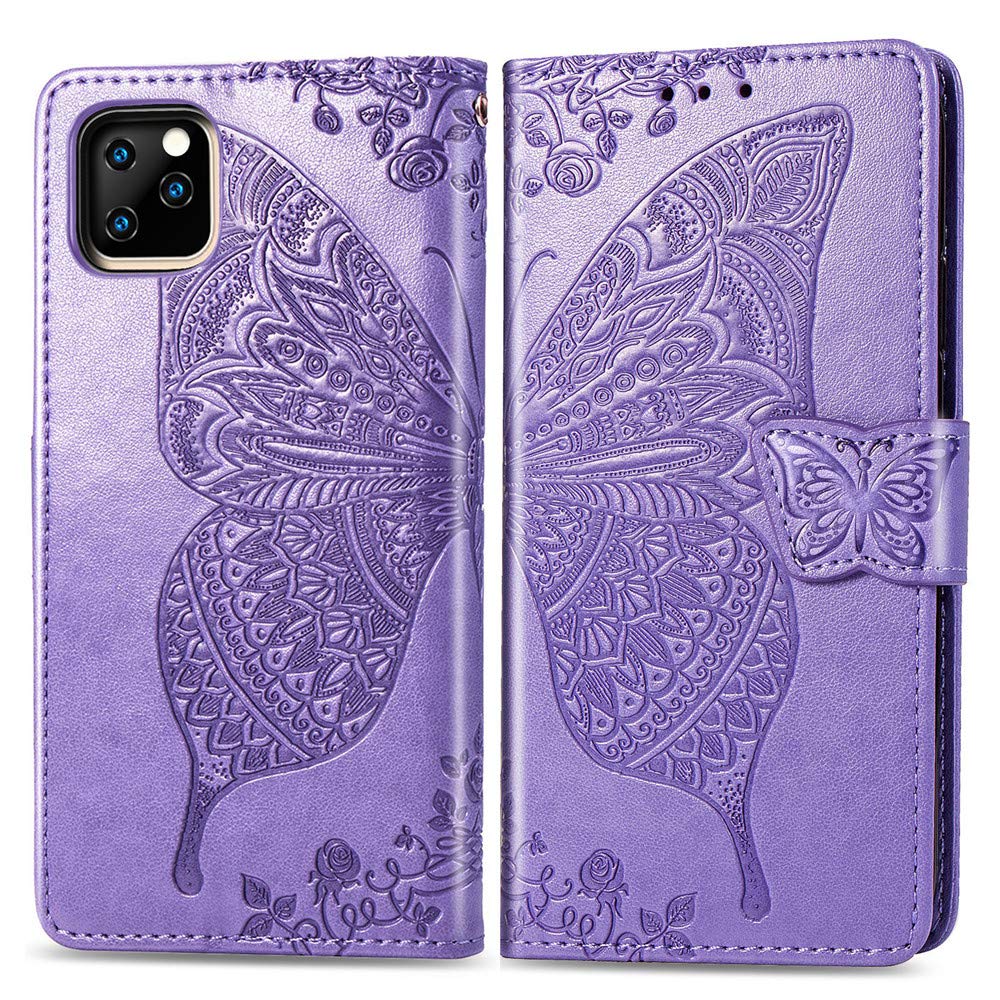 Premium Leather Wallet Case for iPhone 11 Pro Max (6.5 inch) - Embossed Butterfly Design with Flip Card Holder & Cash Pocket | PU Protective Cover for Apple iPhone 11 Pro Max 2019 Model | Perfect for Daily Use, Travel & Business Meetings (Lavender)