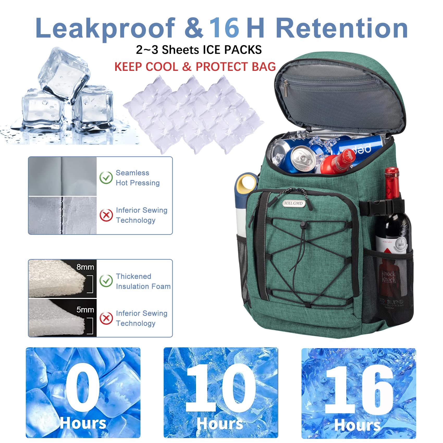 Insulated Backpack Cooler - Leak Proof 30 Can Capacity, Soft Sided Ice Chest Cooler Bag with Reusable Ice Packs for Beach, Travel, Camping & Outdoor Adventures | Perfect for Picnics, Tailgating & Hiking