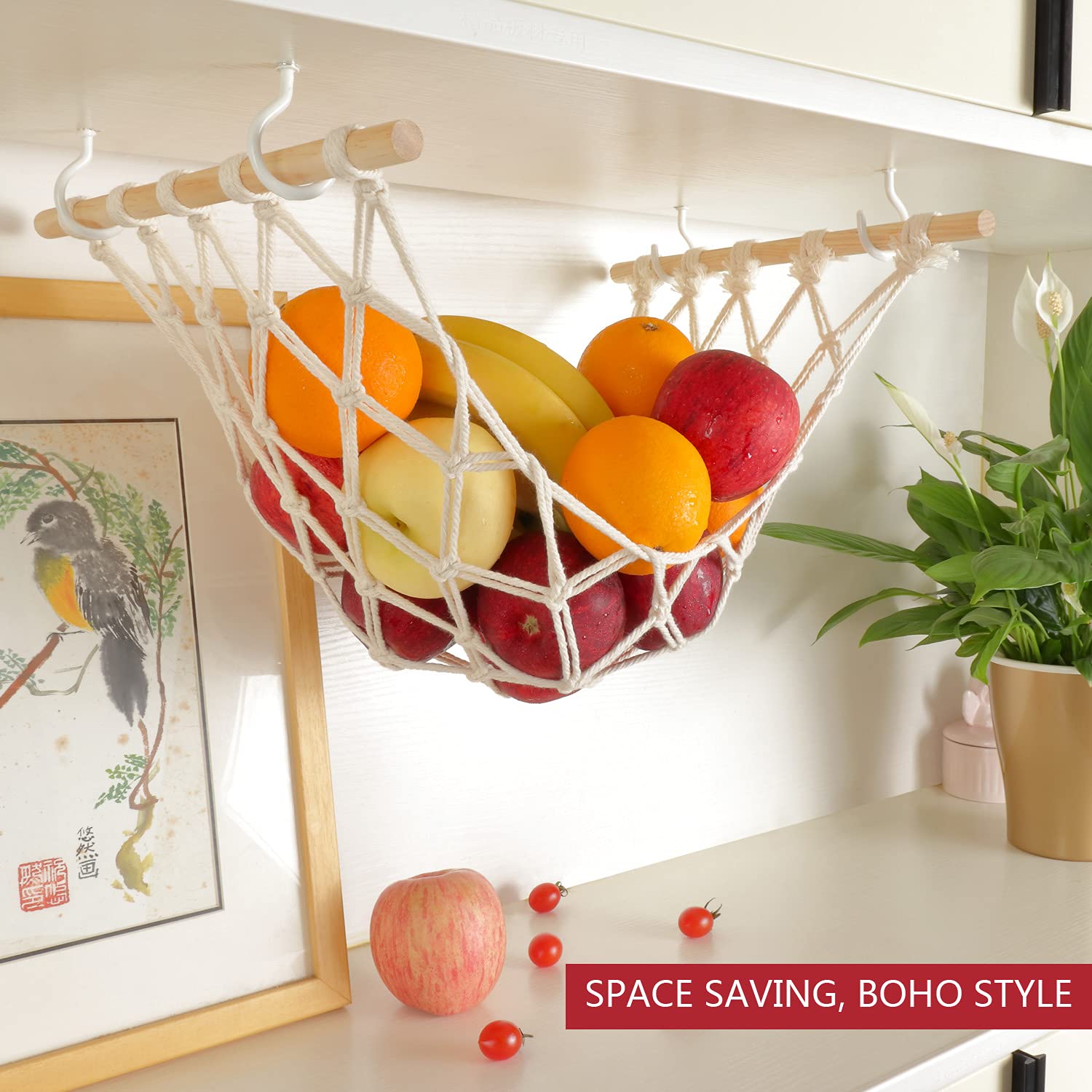 Macrame Fruit Basket for Kitchen - Under Cabinet Hanging Fruit Hammock with Hooks for Bananas, Apples & Produce Storage | Space-Saving Kitchen Décor for Pantry & Countertop Organization