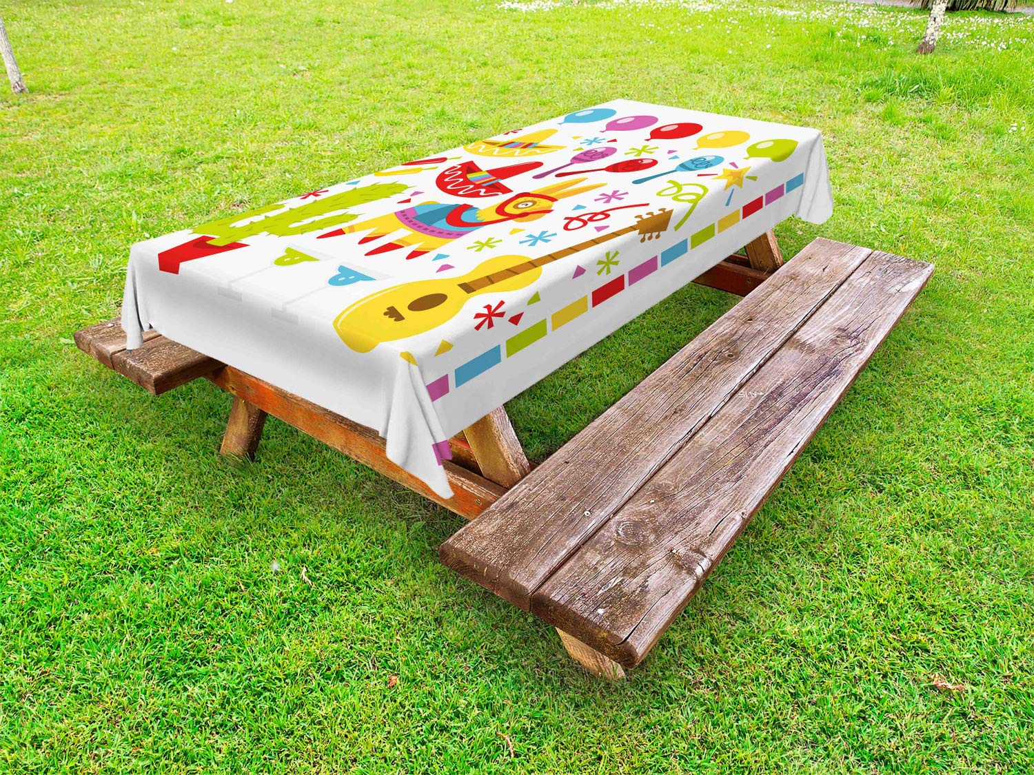 Ambesonne Fiesta Outdoor Tablecloth - Mexican Party Design with Cactus, Sombrero & Musical Notes - Washable Picnic Table Cover 58x120 Inches - Perfect for Cinco de Mayo, BBQs & Garden Parties