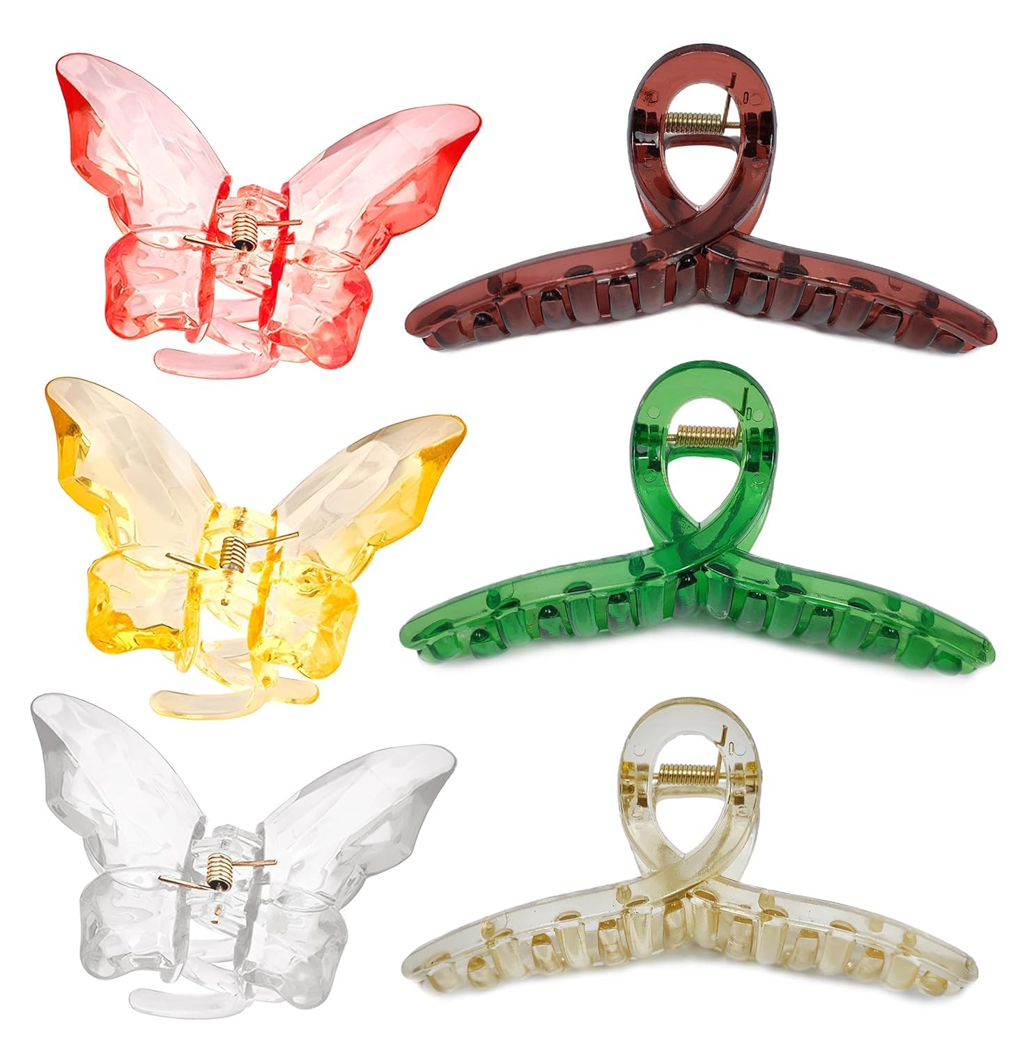 Korean Style Large Plastic Transparent Multicolor Butterfly Hair Claw Clips - 6 Pcs Long Jaw Clutches Hair Accessories for Women & Girls | Perfect for School, Work, Parties & Everyday Use