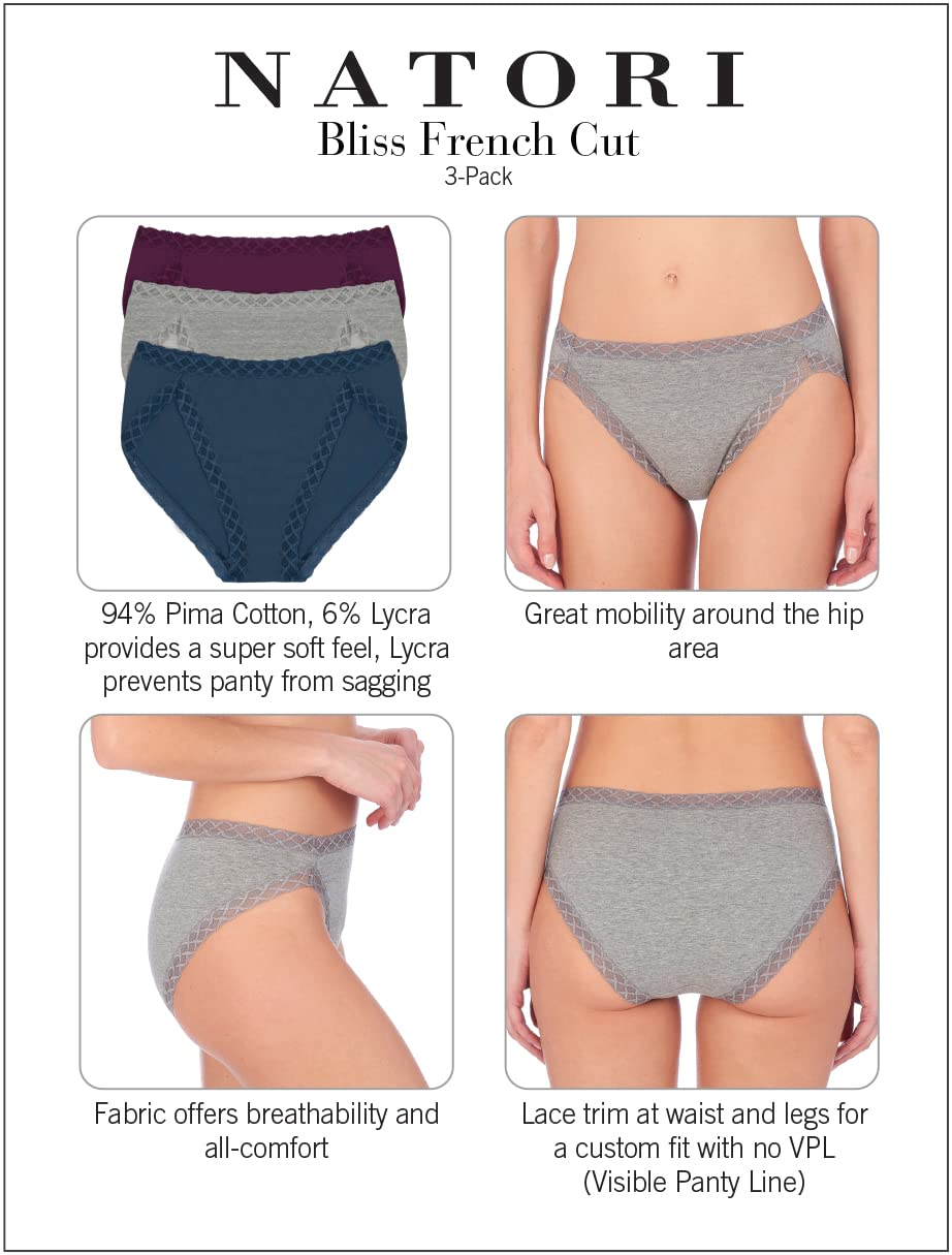 Natori Women's Bliss French Cut Underwear 3-Pack - Soft Cotton Briefs for Everyday Comfort | Perfect for Work, Travel & Lounge Wear