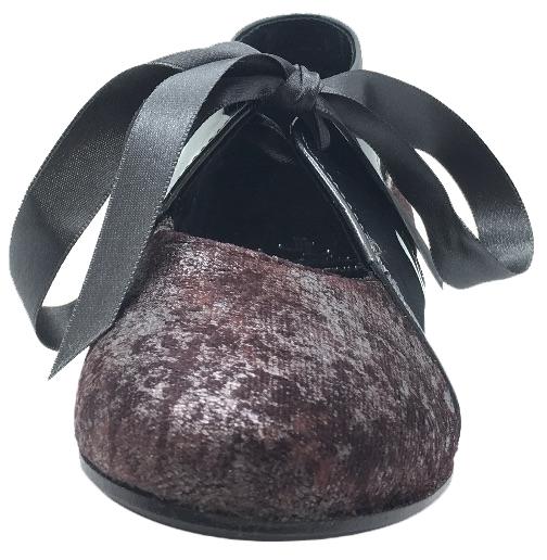 Luccini Girls' Burgundy Cosmic Print Velvet & Grey Patent Leather Bow Tie Lace-Up Flats - Stylish School Shoes for Girls, Perfect for Parties, Weddings & Everyday Wear