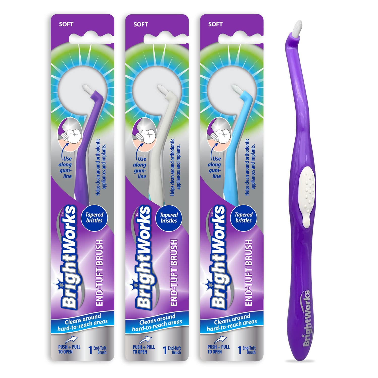 Manual End Tuft Brush for Teeth - Effective Cleaning Around Crowns, Bridges, Implants & Wide Gaps Between Teeth (3-Pack) - Perfect for Dental Hygiene & Hard-to-Reach Areas