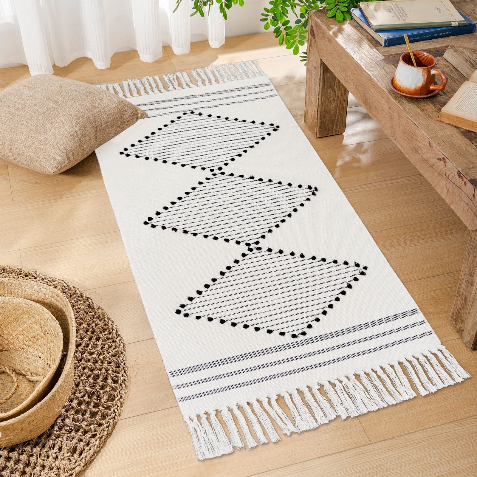 Boho Bathroom Rug 2'x4.3' - Vintage Farmhouse Runner Rug for Bedroom & Kitchen, Geometric Cotton Woven Washable Bath Mat with Tassels | Perfect for Boho Decor, Farmhouse Style Bathrooms & Cozy Bedroom Flooring