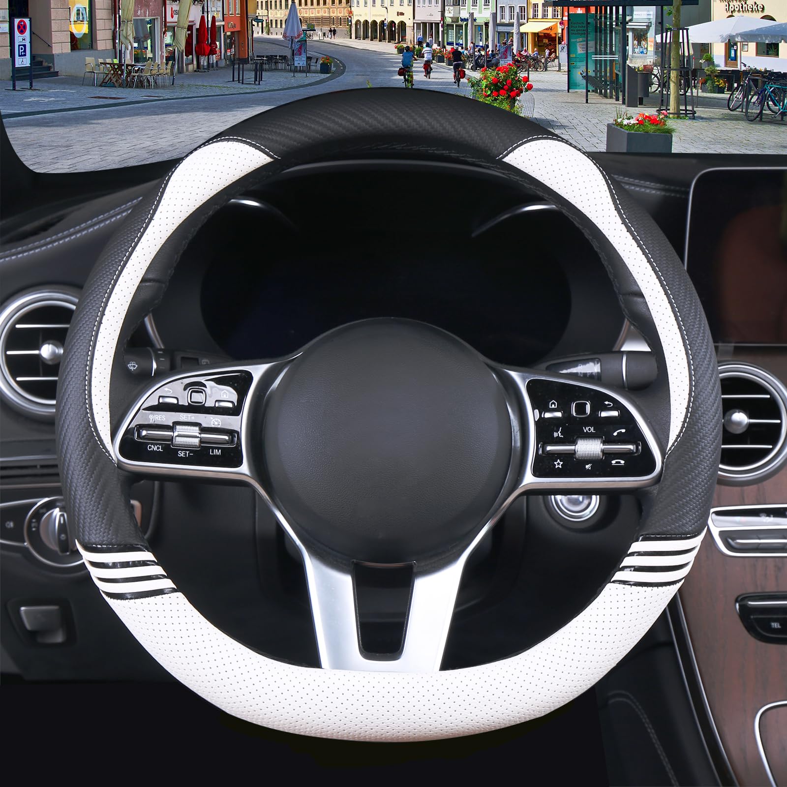 Breathable D-Shaped Steering Wheel Cover - Universal 15 Inch for Women & Men - Black & White Design - Perfect for Cars, Trucks & SUVs