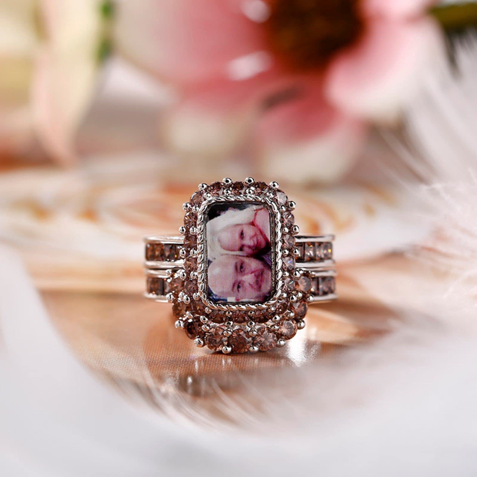 Jeulia Personalized Photo Ring Set - Custom Diamond Engraved Sterling Silver Band for Engagement, Anniversary & Wedding - Unique Couple Rings for Her & Him - Perfect Gift for Romantic Occasions
