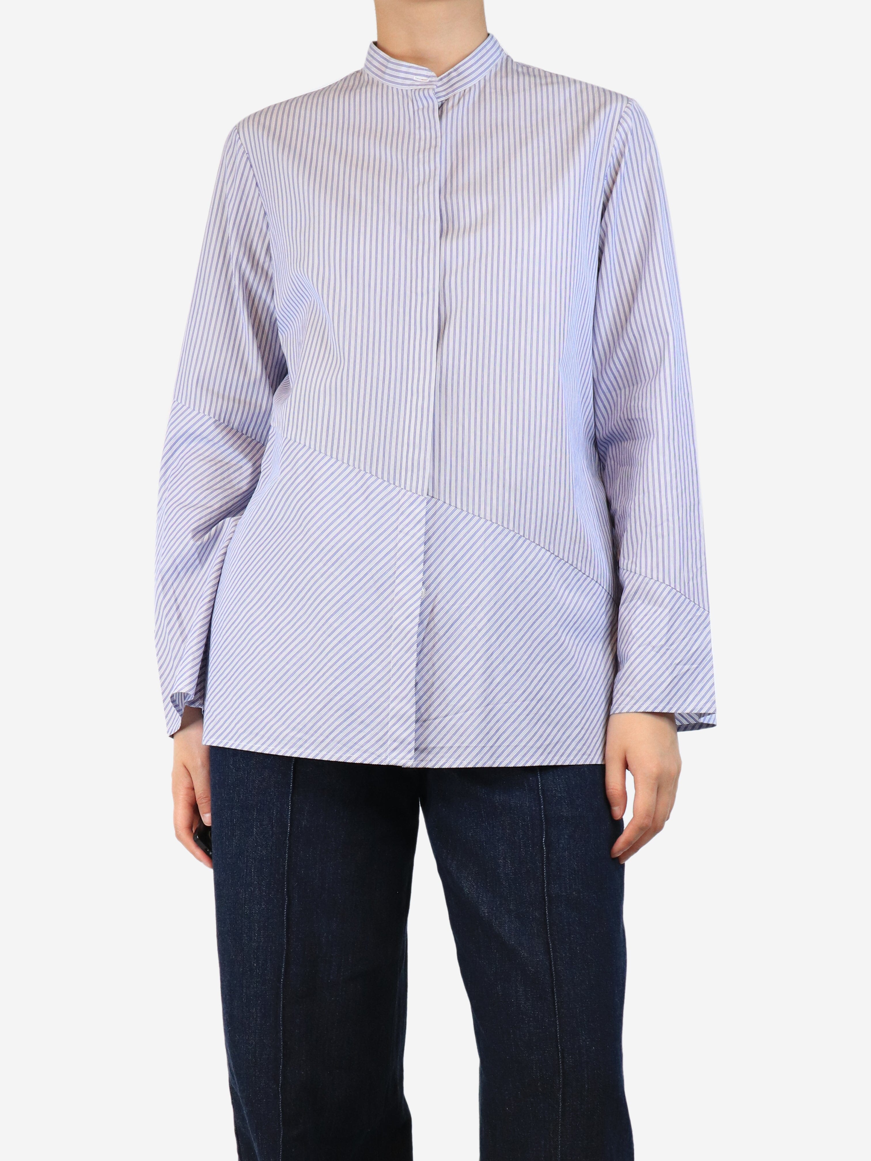 Blue Striped Mandarin Collar Shirt - Size UK 12 - Elegant Casual Wear for Work & Social Events