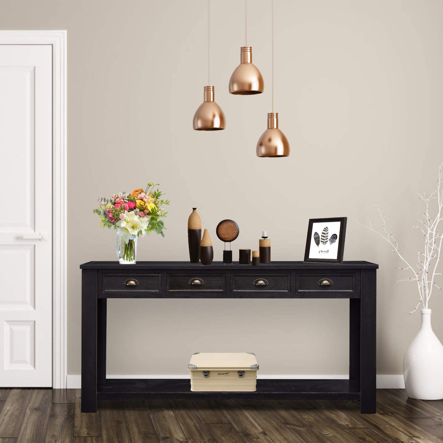 Kinbor Wooden Sofa Console Table with 4 Drawers & Storage Shelf - Entryway, Hallway & Living Room Furniture - Perfect for Small Space Organization & Home Decor