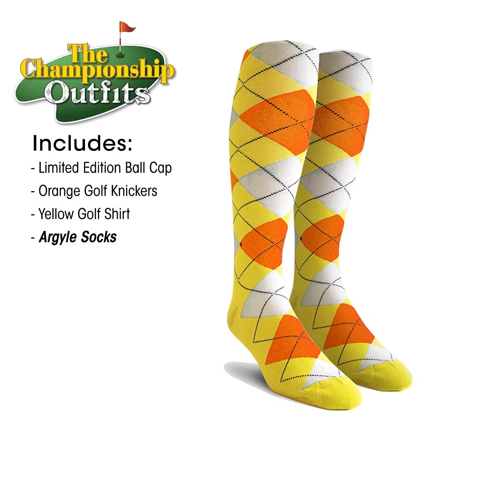 **Men's Orange Microfiber Golf Outfit Set - Limited Edition Ball Cap, Argyle Over-The-Calf Socks & Yellow Polo Shirt for Casual Wear & Sports**