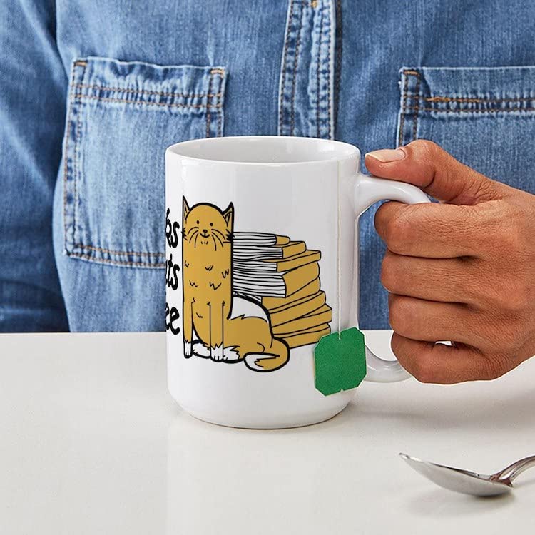 Books & Cats & Coffee Large Ceramic Mug 15 oz (444 ml) - Perfect for Tea, Hot Chocolate & Coffee Lovers - Ideal for Home, Office & Gifts