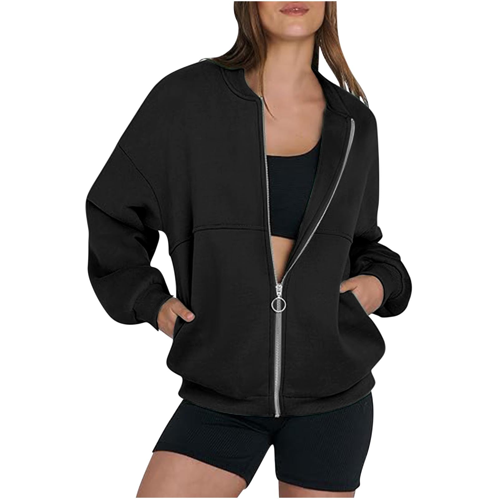 2024 Akklian Women's Oversized Zip Up Sweatshirt Jacket - Long Sleeve Casual Loose Fit with Pockets, Perfect for Everyday Wear, Outdoor Activities, and Relaxing at Home